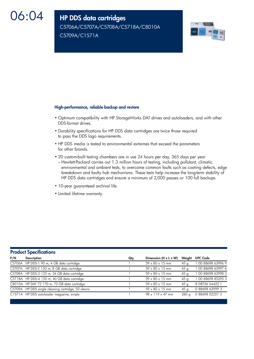 HP 200T manual HP DDS data cartridges, C5706A/C5707A/C5708A/C5718A/C8010A C5709A/C1571A 