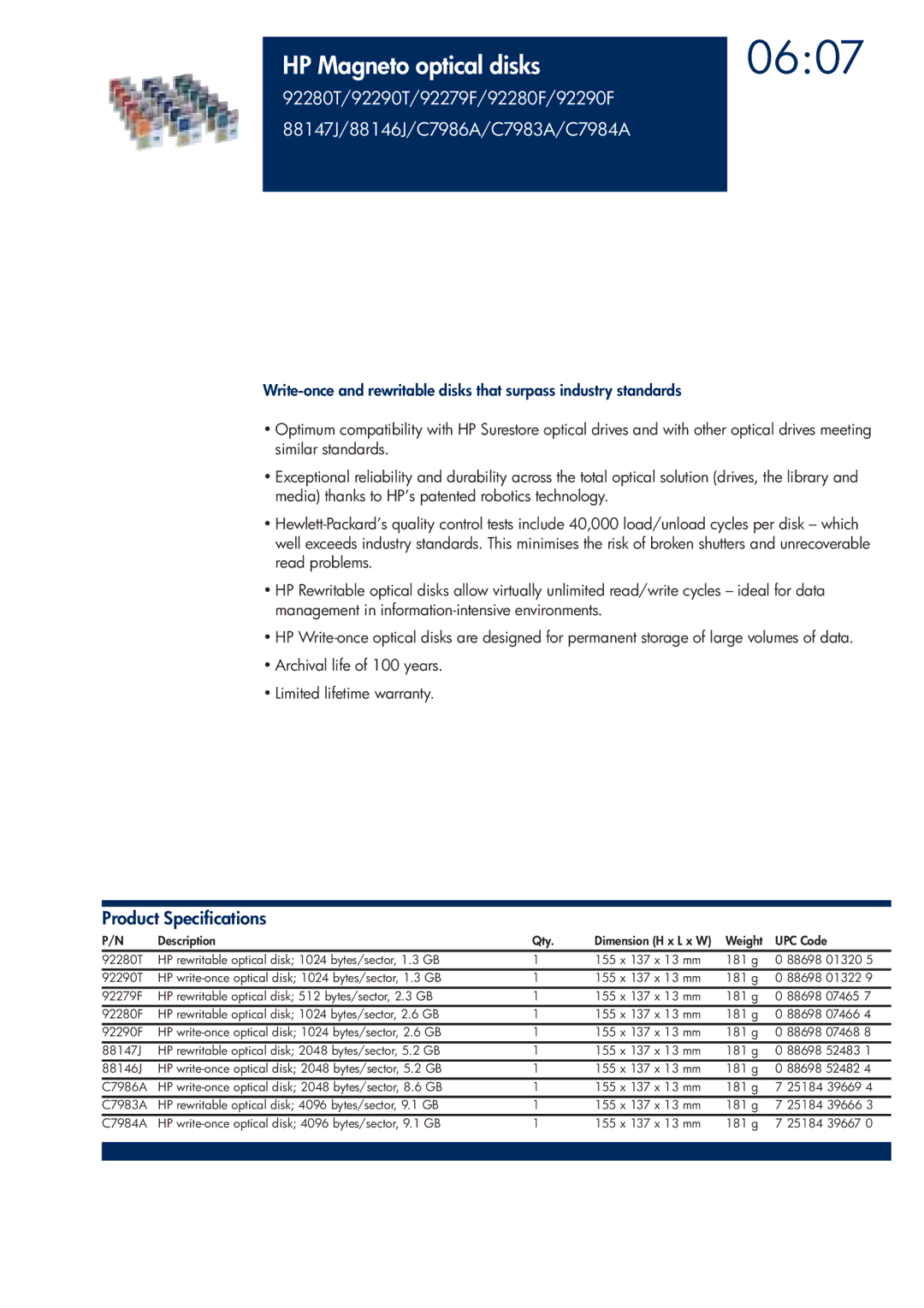 HP 200T manual 0607, HP Magneto optical disks 