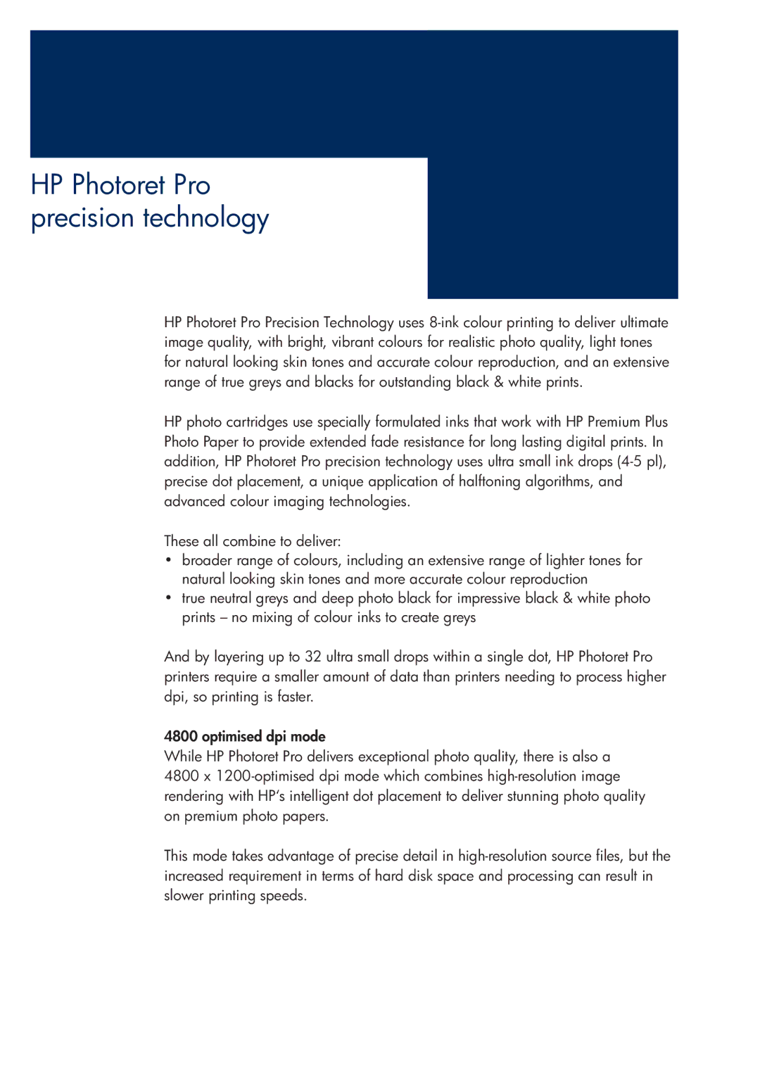 HP 200T manual HP Photoret Pro precision technology 