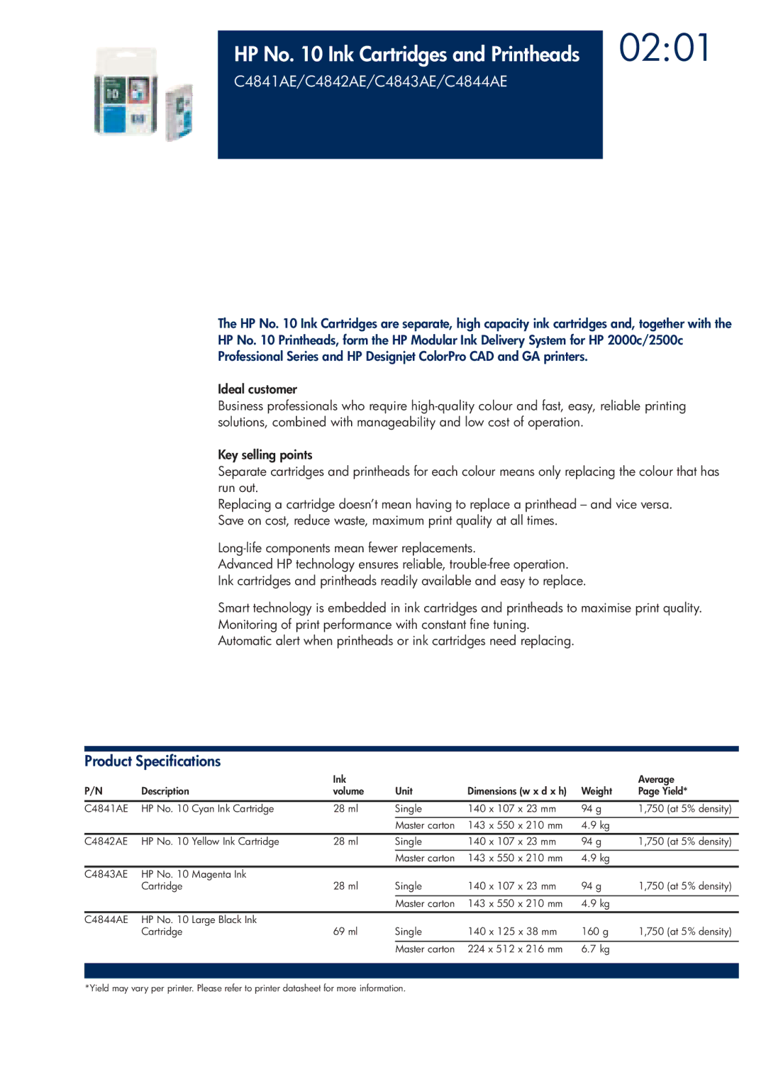 HP 200T manual 0201, HP No Ink Cartridges and Printheads, C4841AE/C4842AE/C4843AE/C4844AE 