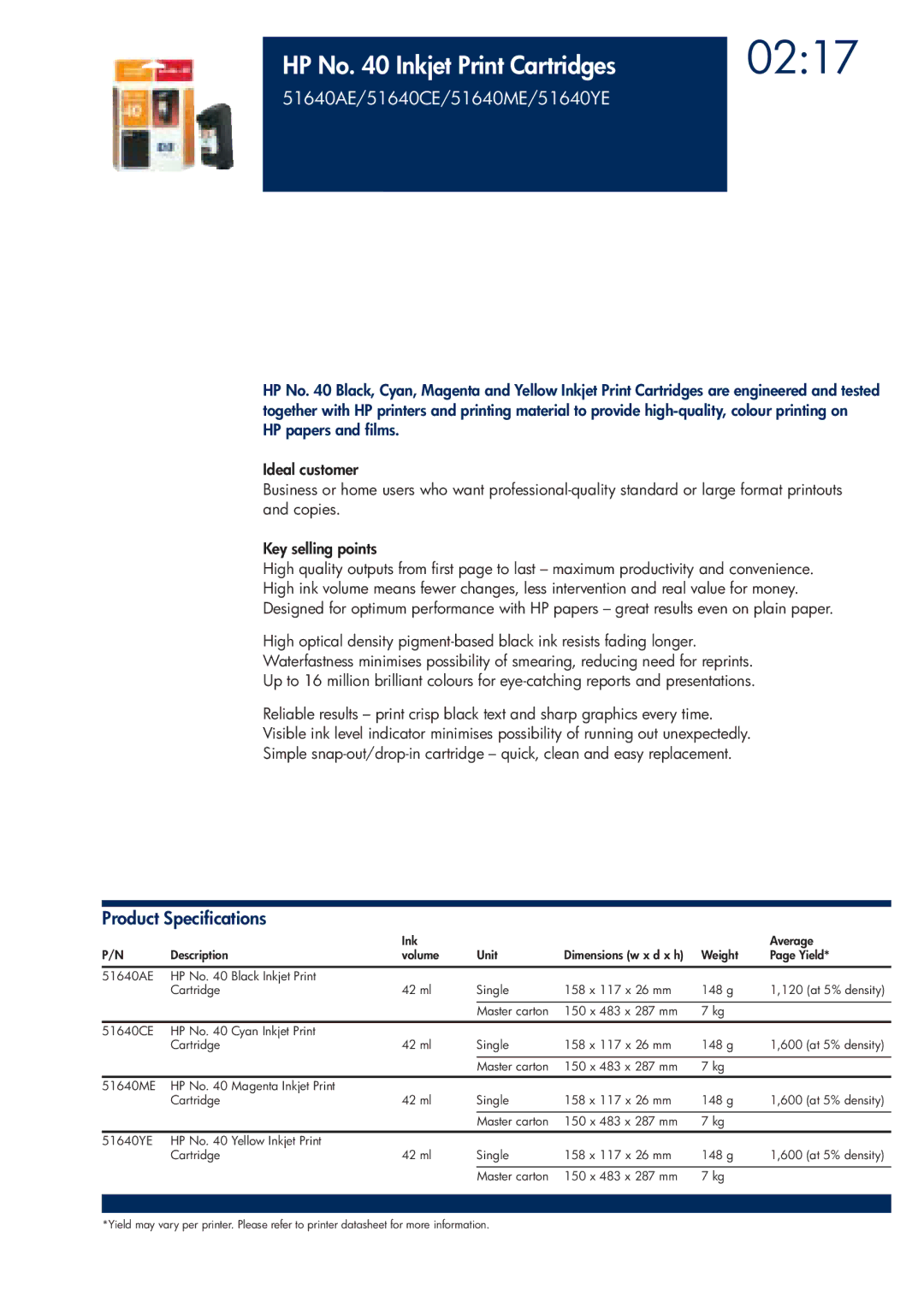 HP 200T manual 0217, HP No Inkjet Print Cartridges, 51640AE/51640CE/51640ME/51640YE 