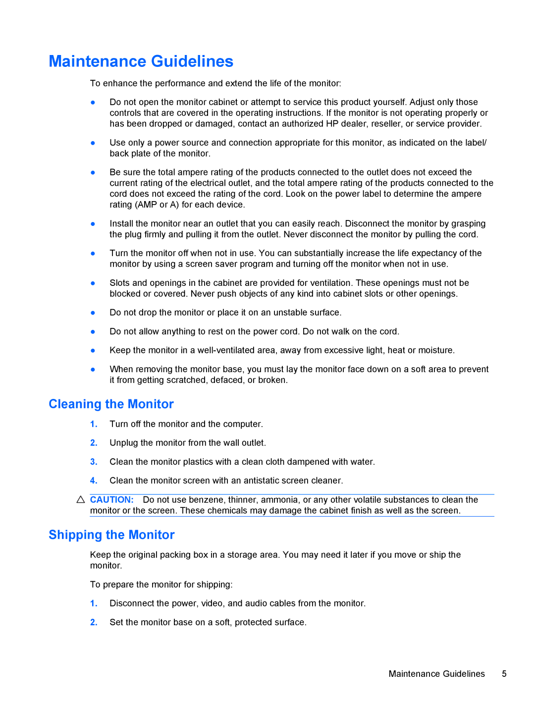 HP 2310, 2010, 2210, 1910, 2510 manual Maintenance Guidelines, Cleaning the Monitor 