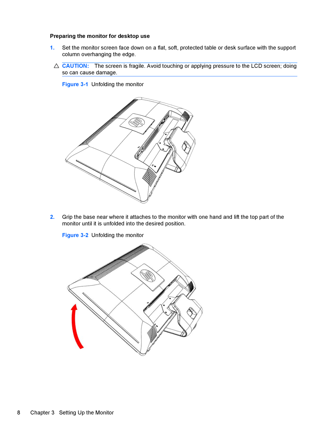 HP 2510, 2010, 2310, 2210, 1910 manual Preparing the monitor for desktop use, 2Unfolding the monitor Setting Up the Monitor 