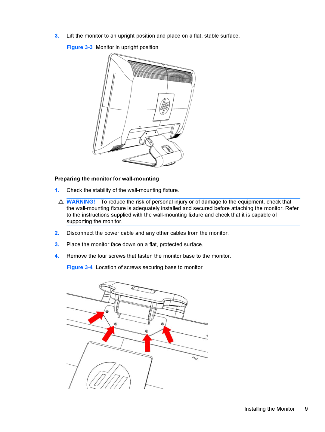 HP 2010, 2310, 2210, 1910, 2510 manual Preparing the monitor for wall-mounting 