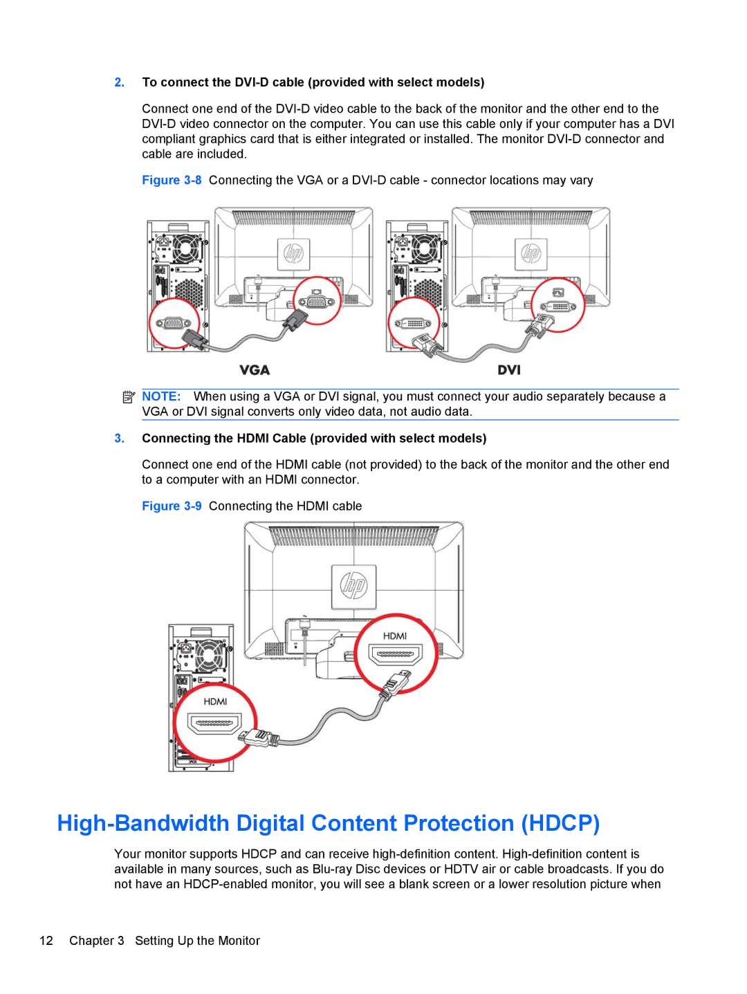 HP 1910, 2010, 2310 High-Bandwidth Digital Content Protection Hdcp, To connect the DVI-D cable provided with select models 