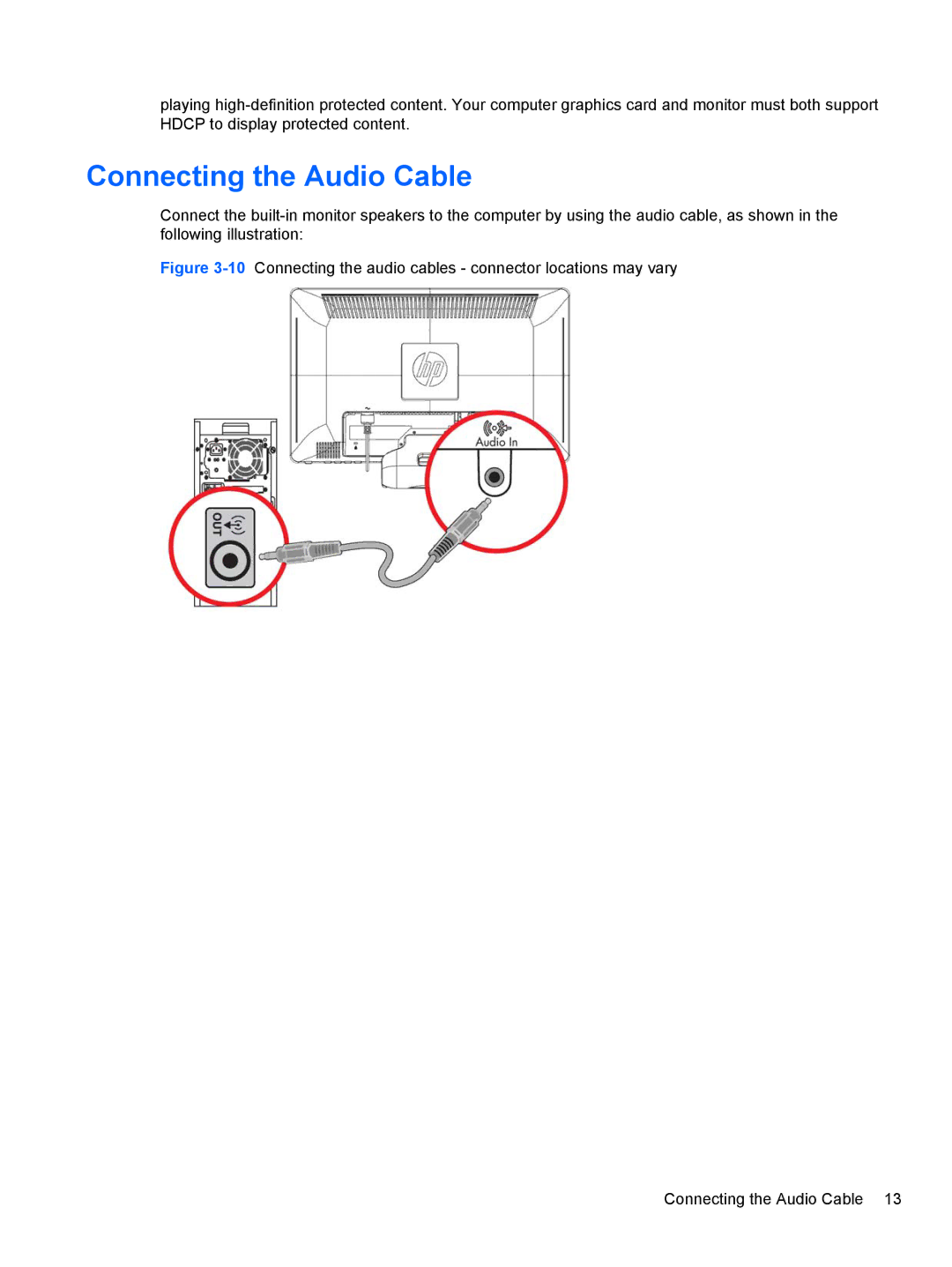 HP 2510, 2010, 2310, 2210, 1910 manual Connecting the Audio Cable 