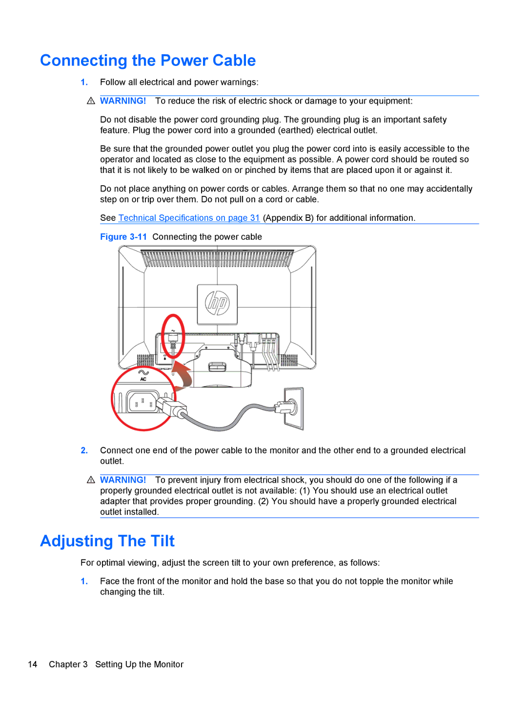 HP 2010, 2310, 2210, 1910, 2510 manual Connecting the Power Cable, Adjusting The Tilt 