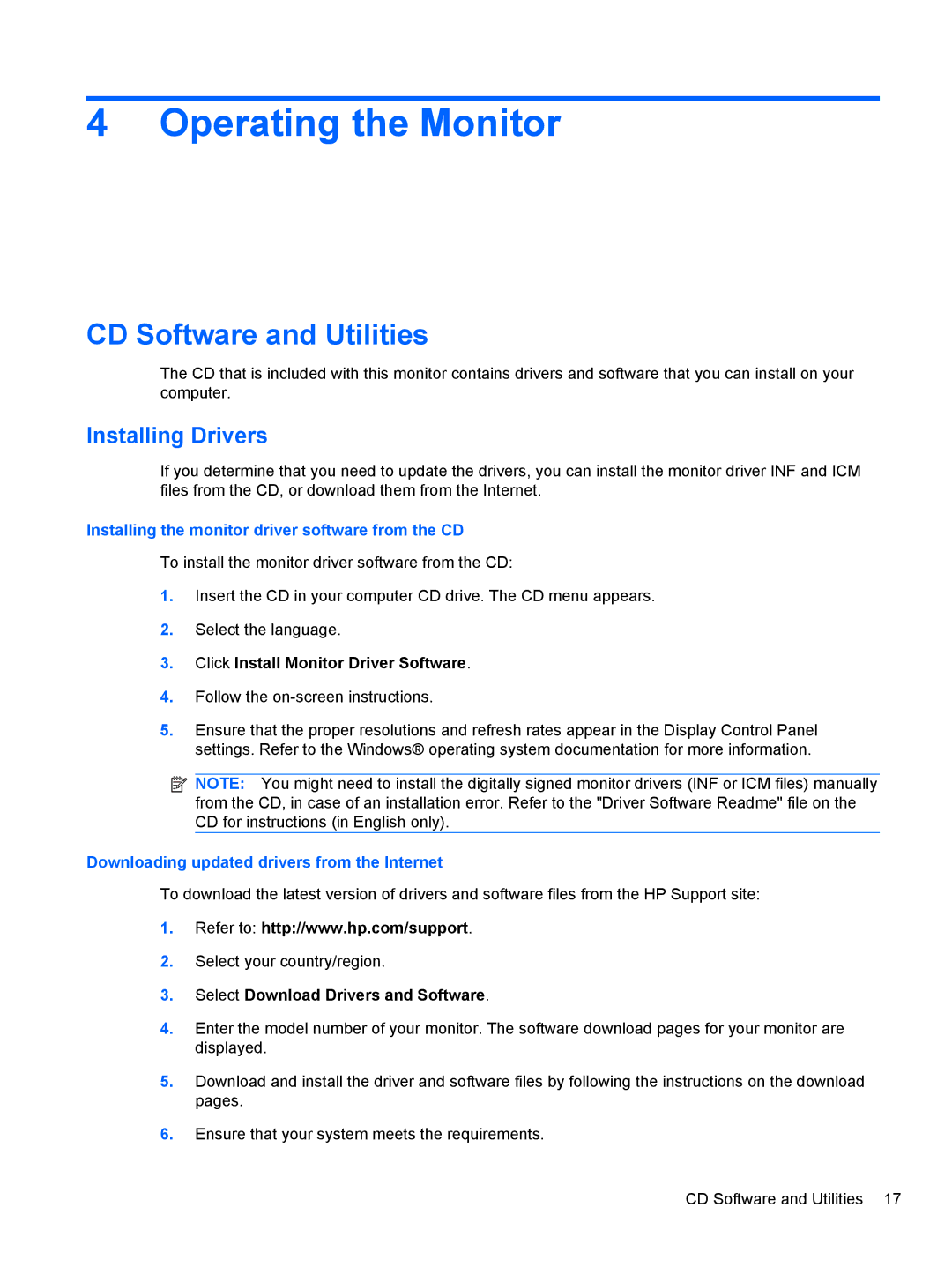 HP 1910, 2010, 2310, 2210, 2510 manual Operating the Monitor, CD Software and Utilities, Click Install Monitor Driver Software 