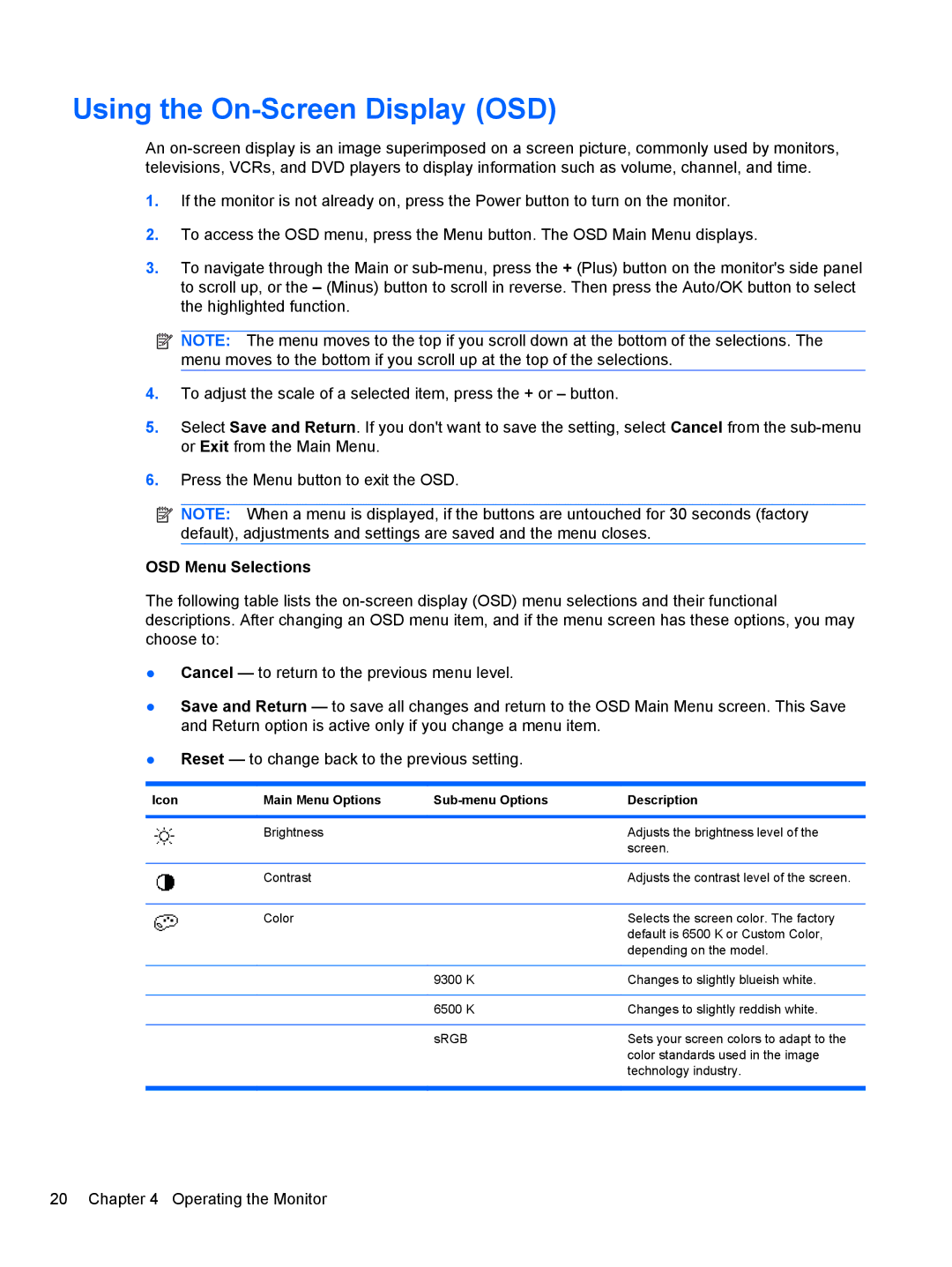 HP 2310, 2010, 2210, 1910, 2510 manual Using the On-Screen Display OSD, OSD Menu Selections 