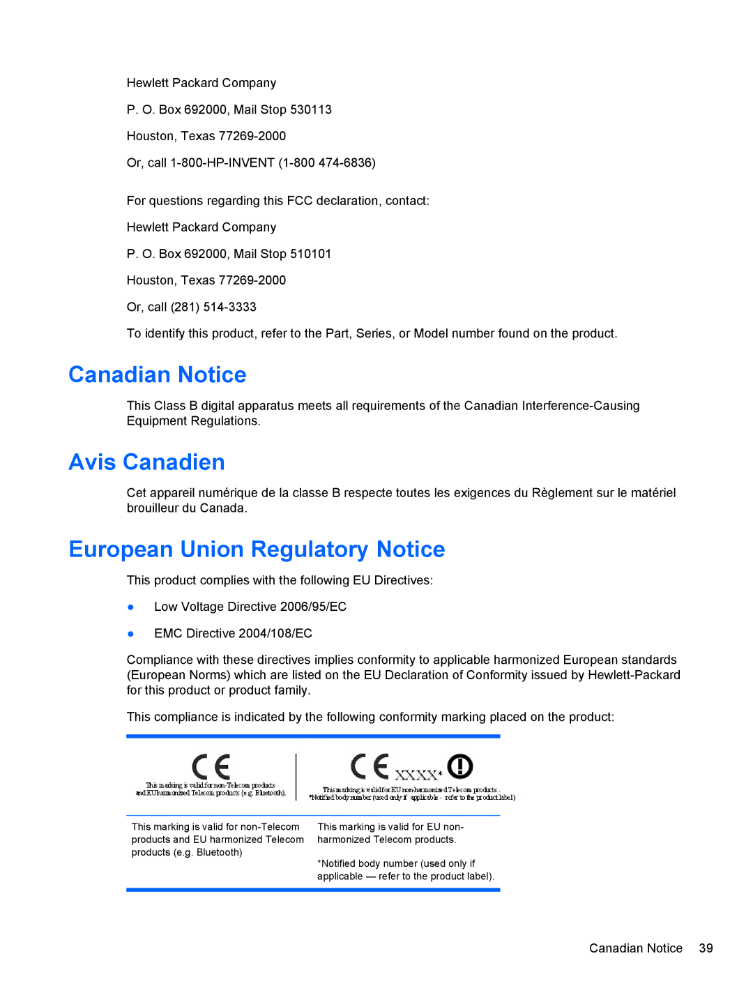 HP 2010, 2310, 2210, 1910, 2510 manual Canadian Notice, Avis Canadien, European Union Regulatory Notice 