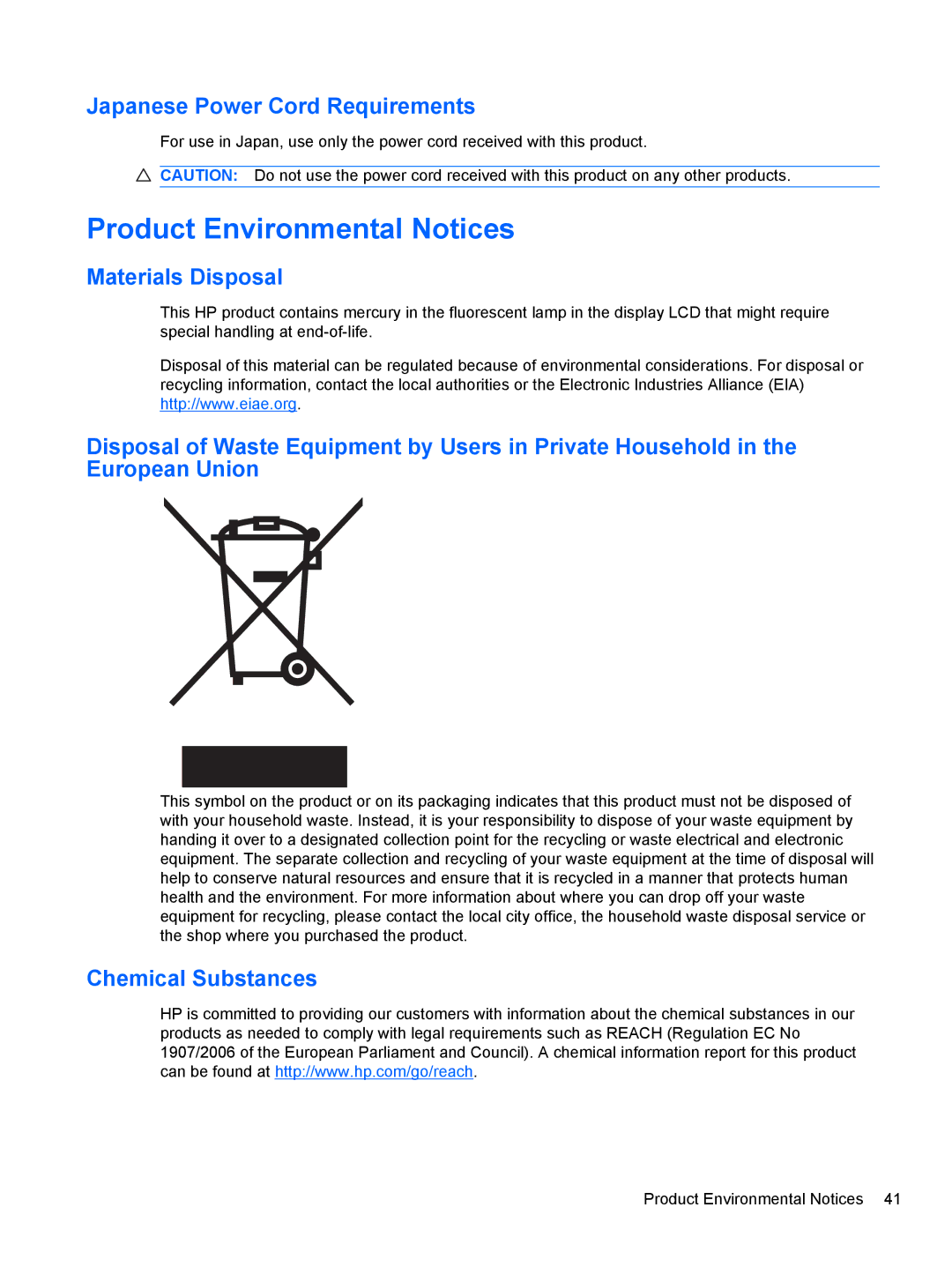 HP 2210, 2010, 2310, 1910, 2510 manual Product Environmental Notices, Materials Disposal 