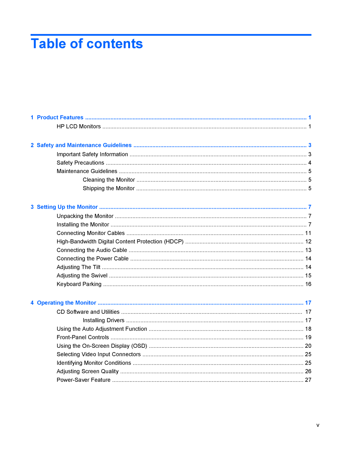 HP 2010, 2310, 2210, 1910, 2510 manual Table of contents 