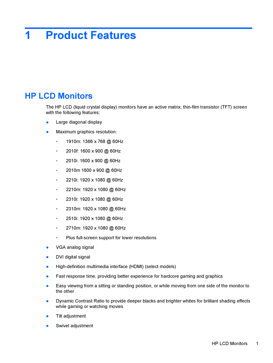 HP 2210, 2010, 2310, 1910, 2510 manual Product Features, HP LCD Monitors 