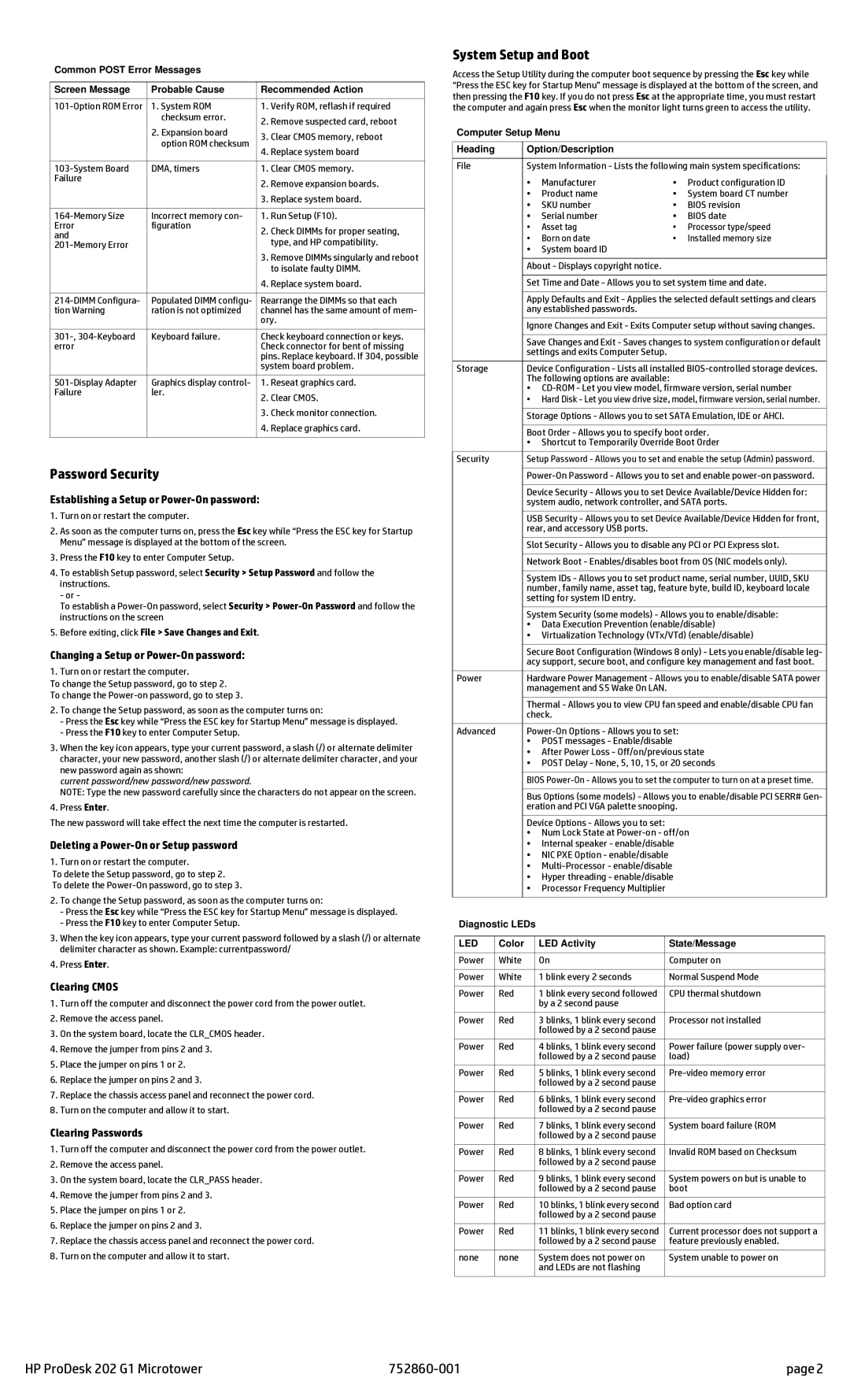 HP 202 G1 manual Password Security, System Setup and Boot 