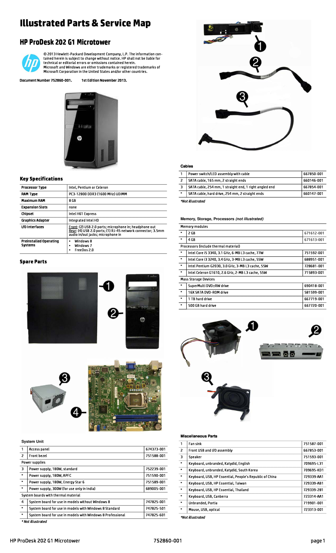 HP manual Key Specifications, Spare Parts, HP ProDesk 202 G1 Microtower, 752860-001, page, Not illustrated 