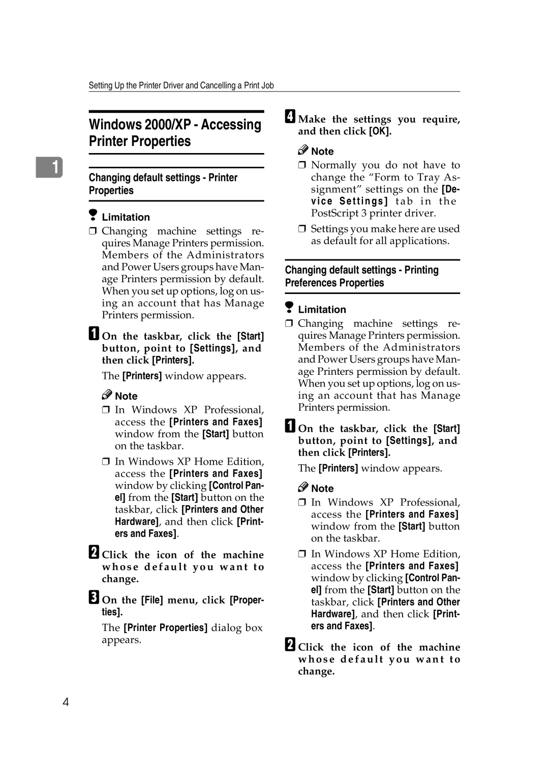 HP 2045 manual Windows 2000/XP Accessing Printer Properties, Changing default settings Printer Properties 