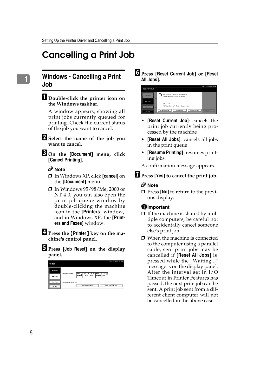 HP 2045 manual Windows Cancelling a Print Job, Press Reset Current Job or Reset All Jobs 