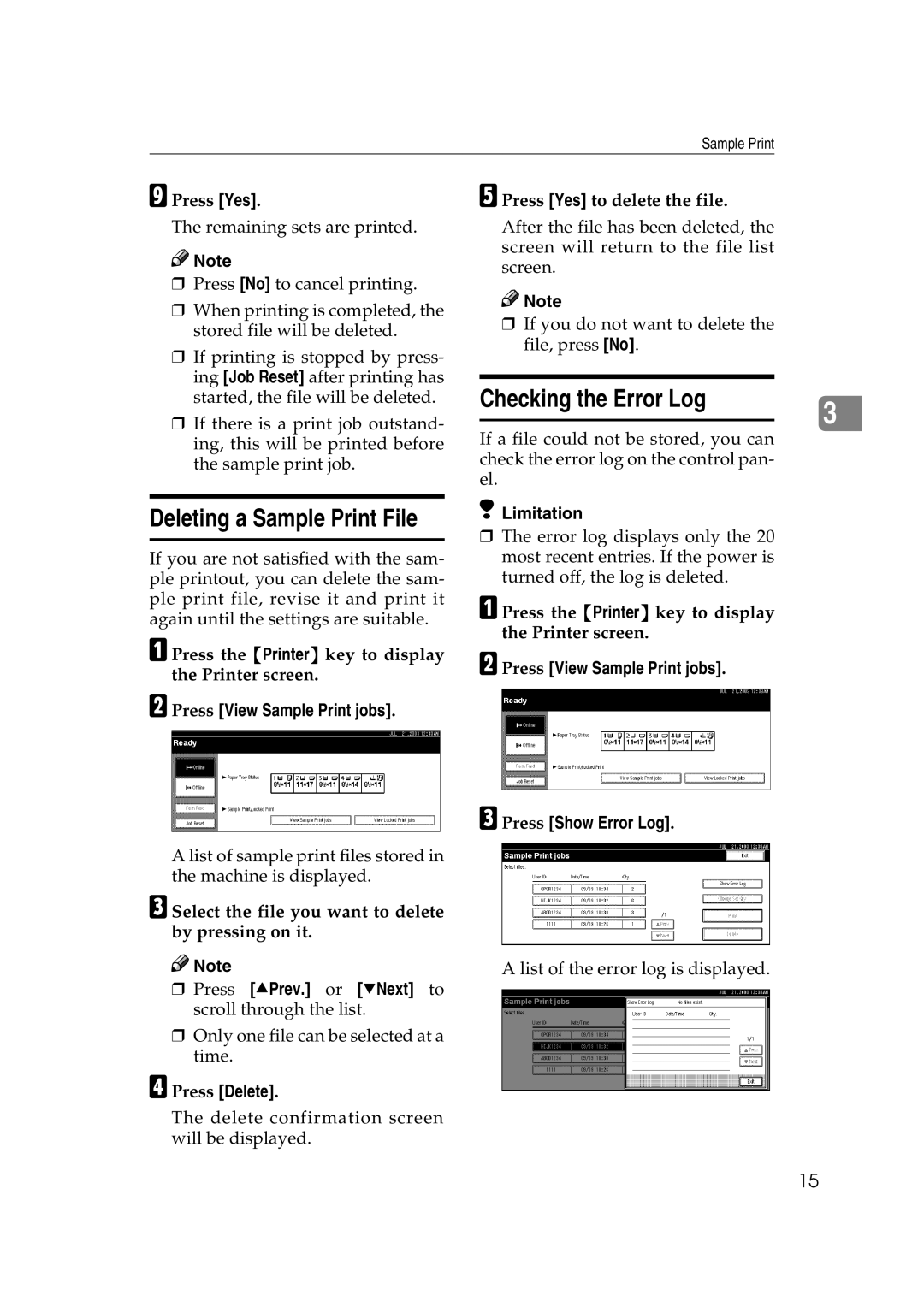 HP 2045 manual Deleting a Sample Print File, Checking the Error Log, Press Delete 