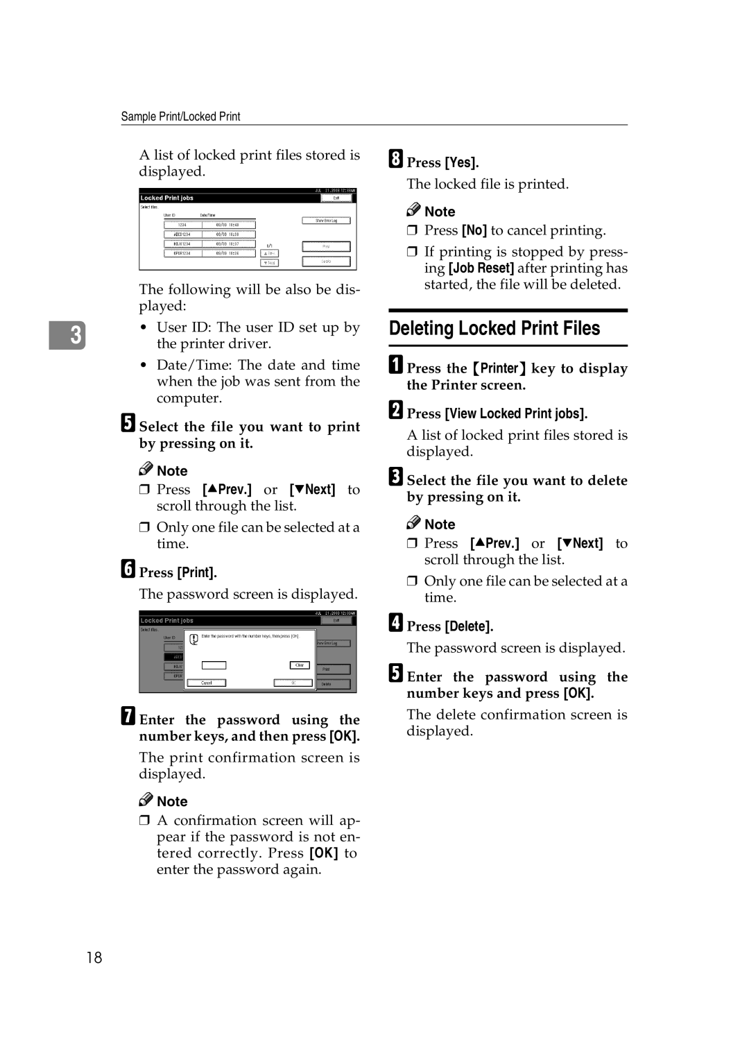 HP 2045 manual Deleting Locked Print Files, Enter the password using the number keys, and then press OK 