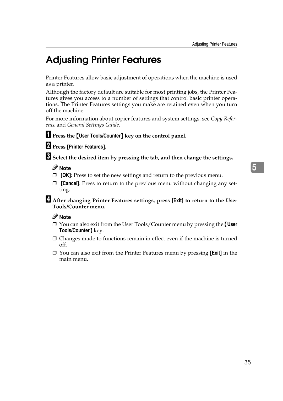 HP 2045 manual Adjusting Printer Features, Press Printer Features 