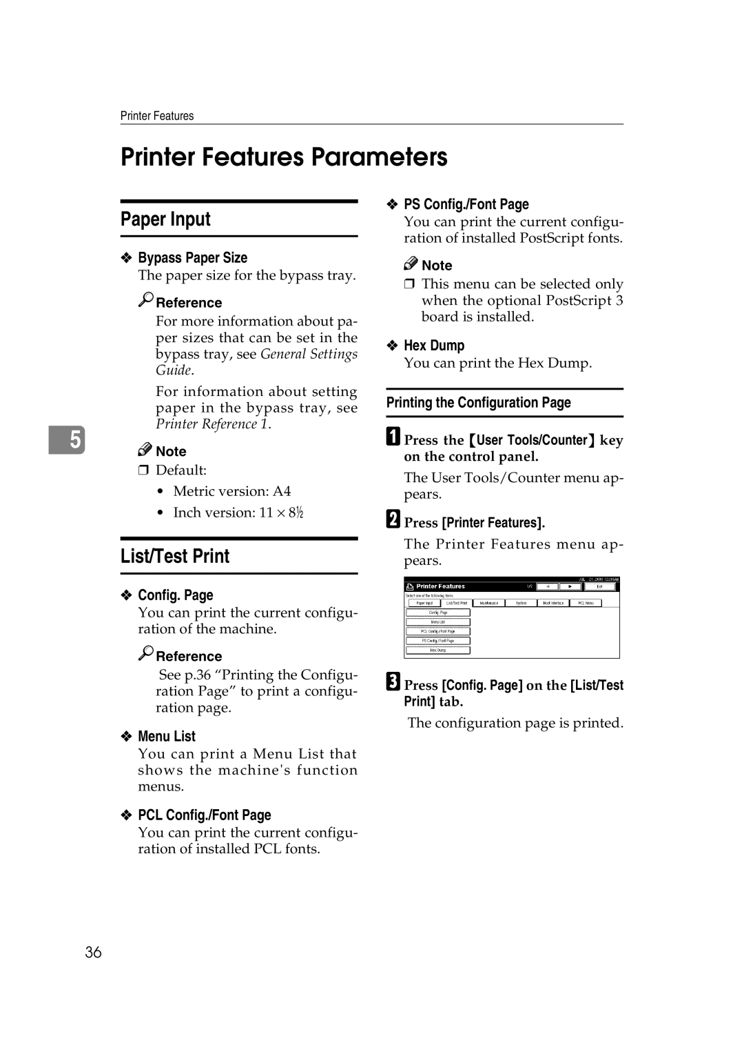 HP 2045 manual Printer Features Parameters, Paper Input, List/Test Print 