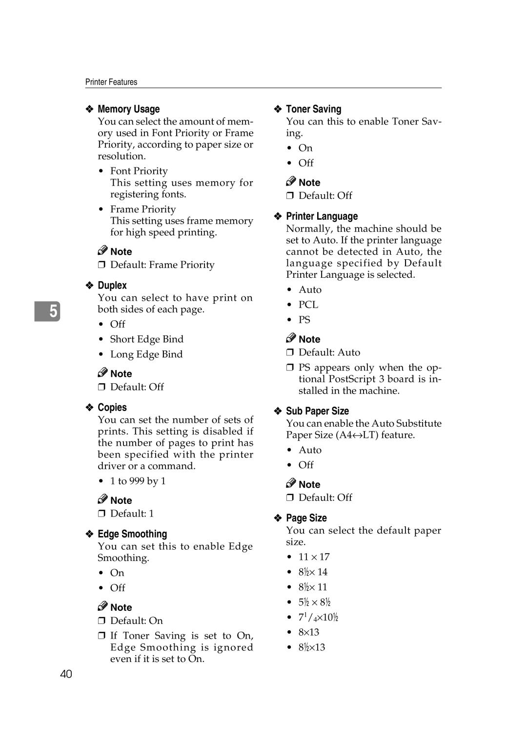 HP 2045 manual Memory Usage, Duplex, Toner Saving, Copies, Edge Smoothing, Sub Paper Size 