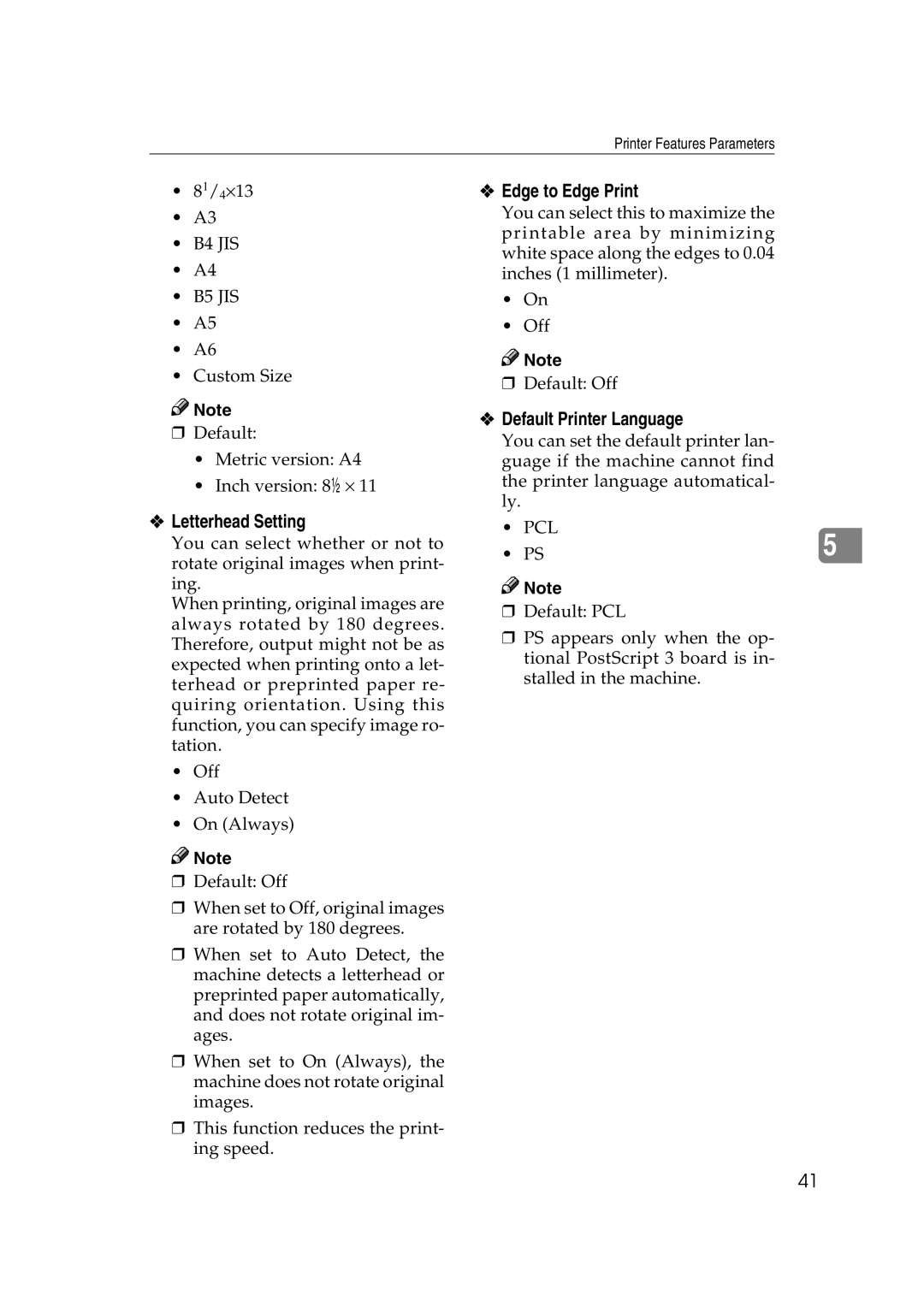 HP 2045 manual Edge to Edge Print, Default Printer Language, Letterhead Setting 