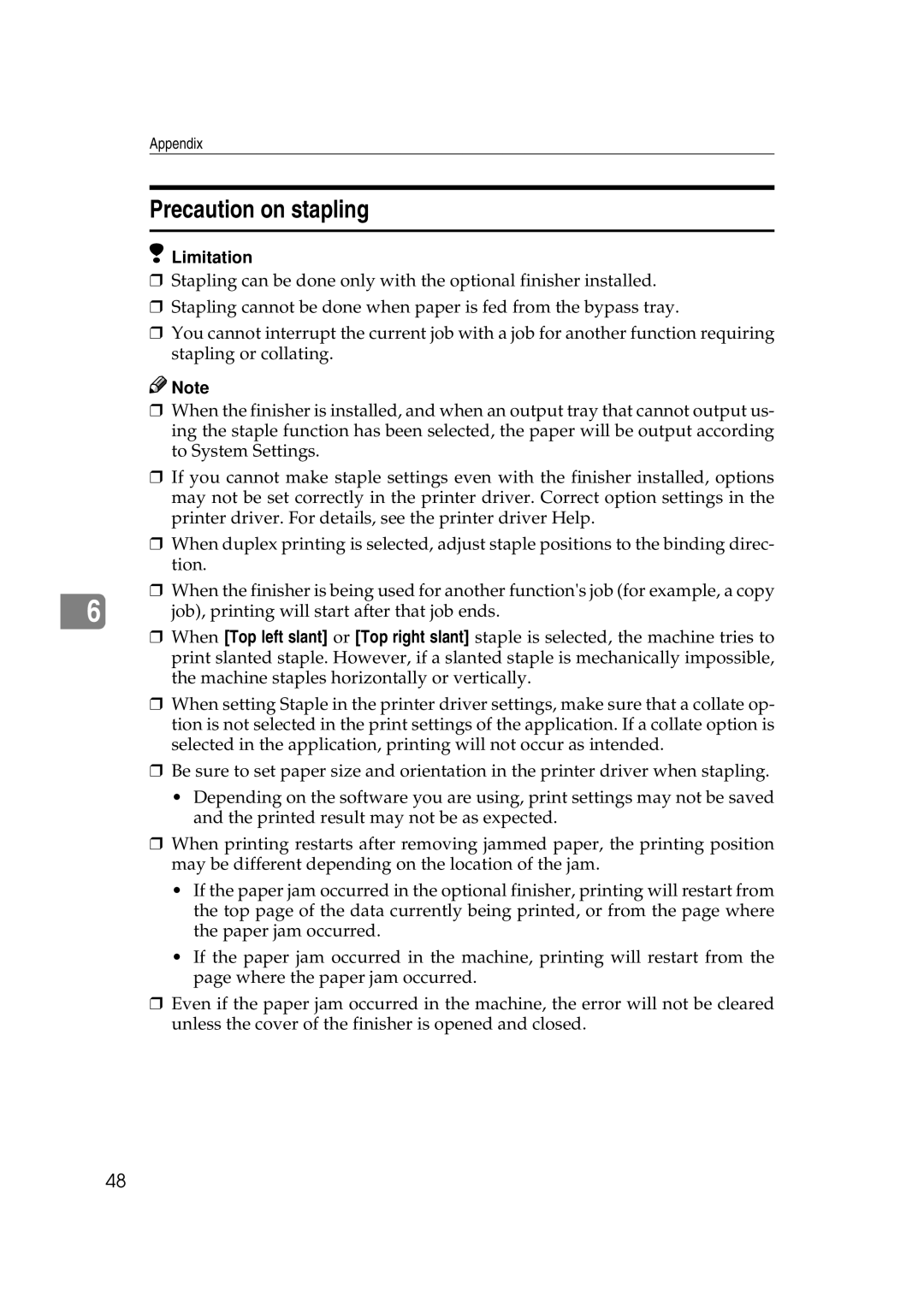 HP 2045 manual Precaution on stapling, Limitation 