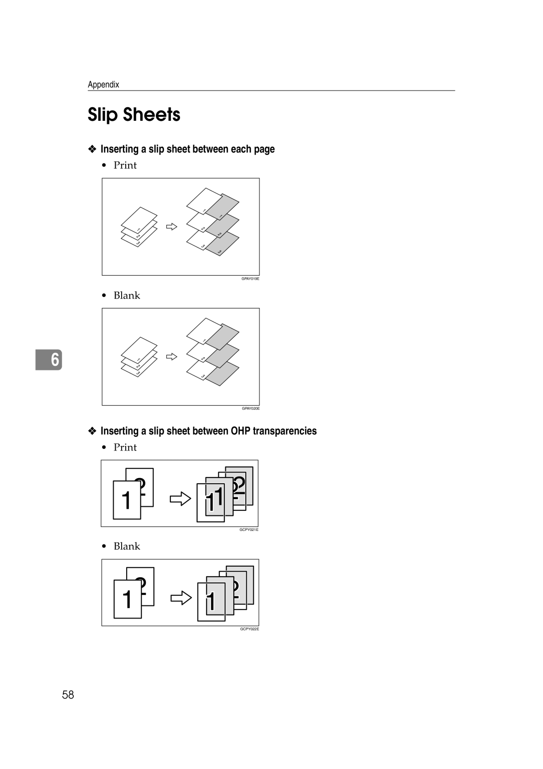 HP 2045 manual Slip Sheets, Inserting a slip sheet between each, Inserting a slip sheet between OHP transparencies 