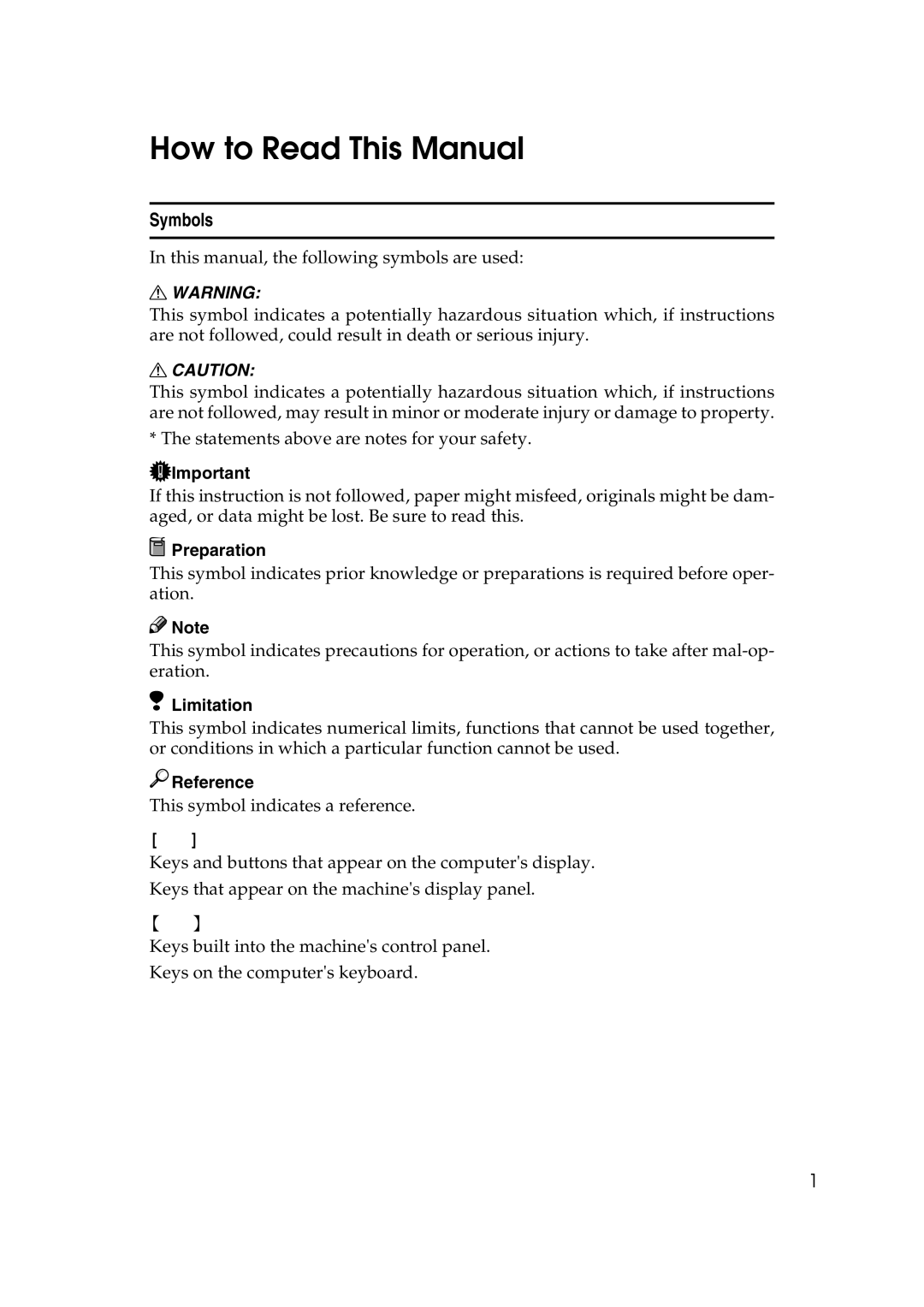 HP 2045 manual How to Read This Manual, Symbols, Preparation, Limitation, Reference 