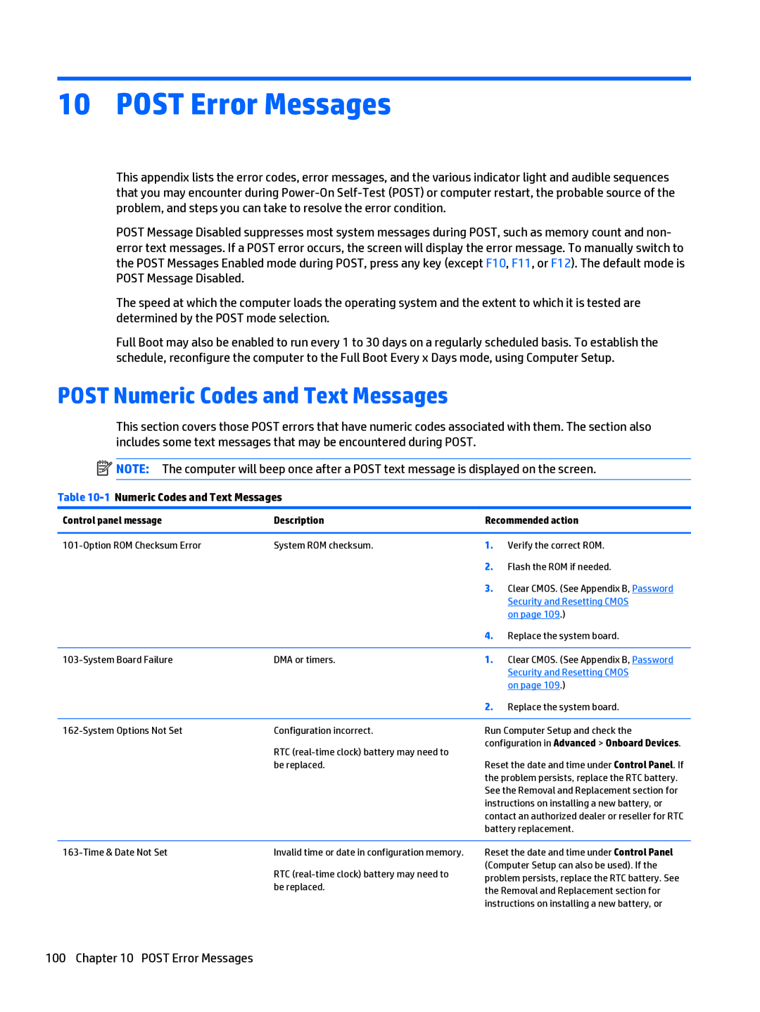 HP 205 G1 manual Post Error Messages, Post Numeric Codes and Text Messages, 1Numeric Codes and Text Messages 