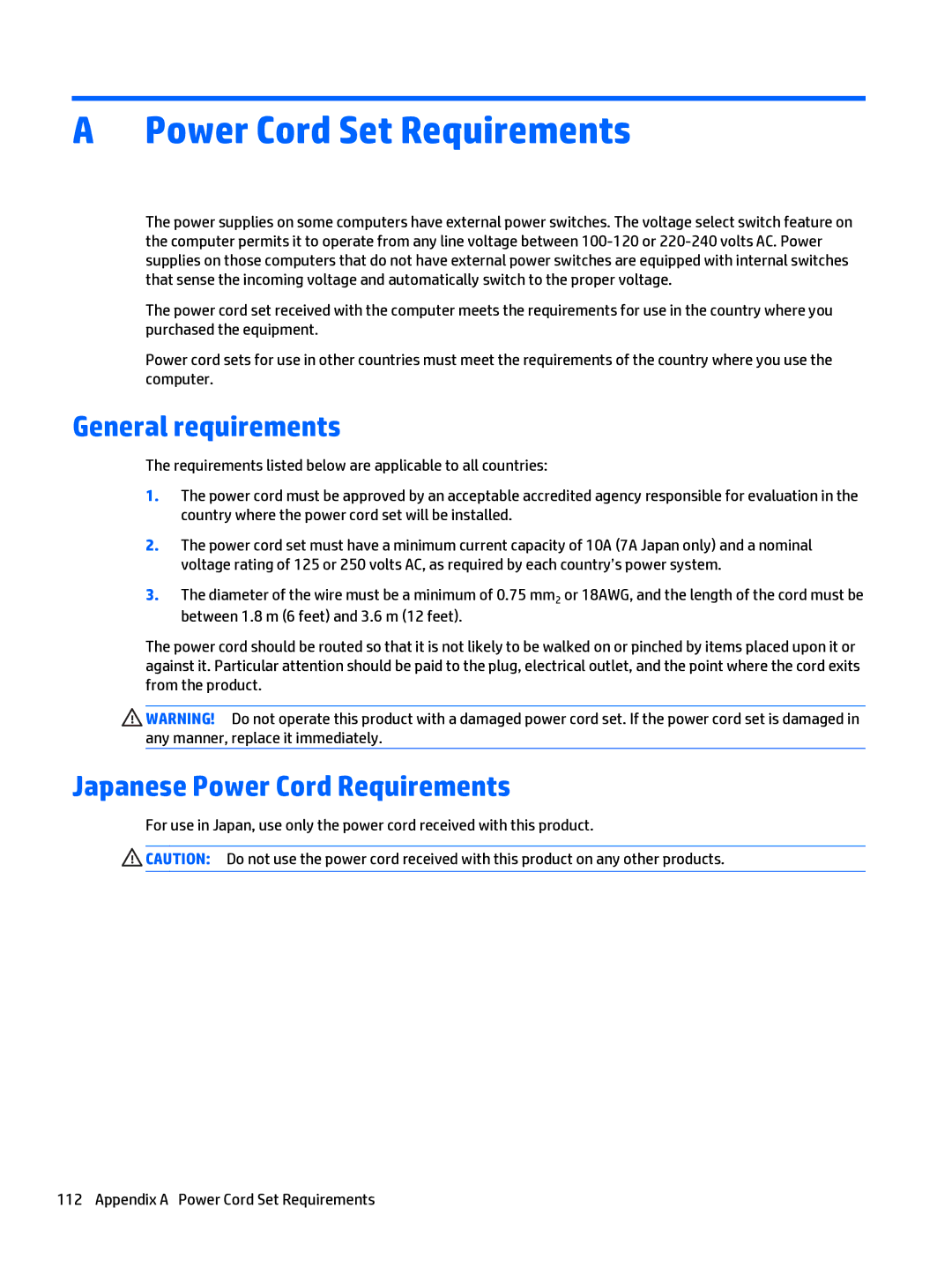 HP 205 G1 manual Power Cord Set Requirements, General requirements, Japanese Power Cord Requirements 