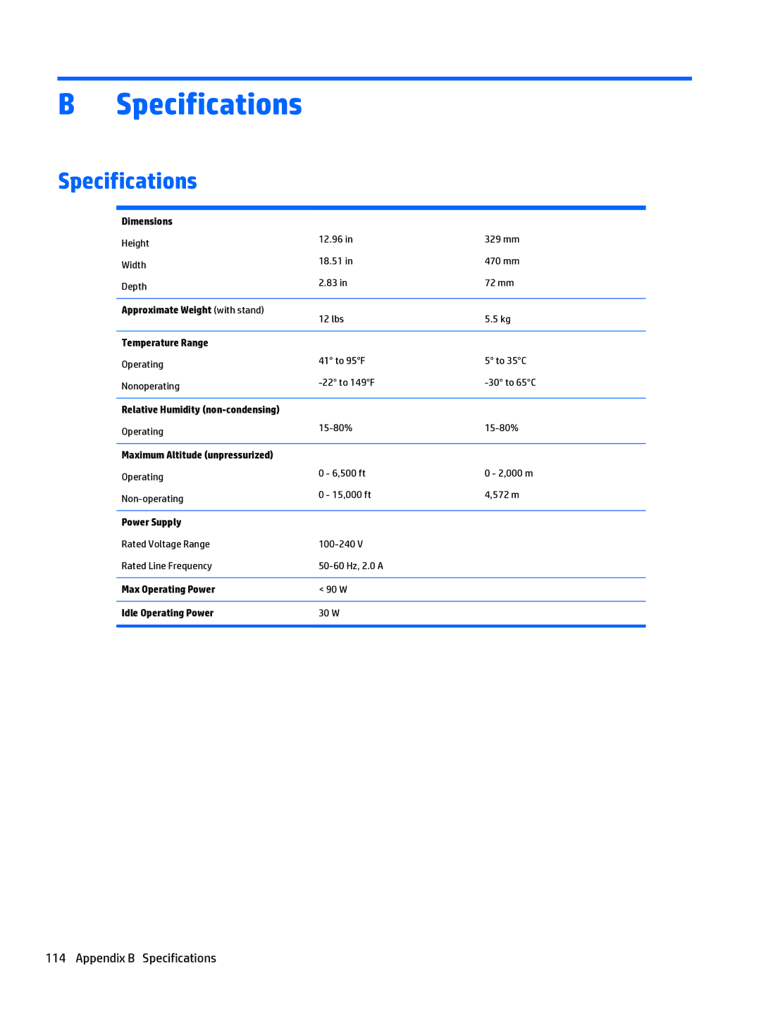 HP 205 G1 manual Appendix B Specifications 