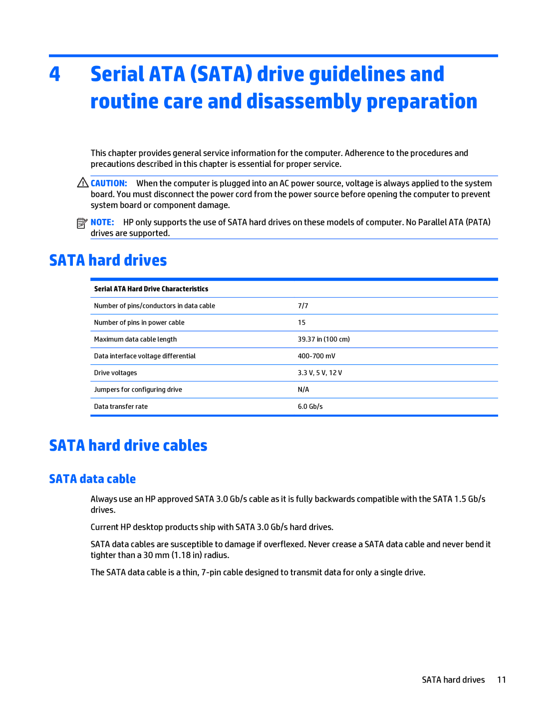 HP 205 G1 manual Sata hard drives, Sata hard drive cables, Sata data cable, Serial ATA Hard Drive Characteristics 