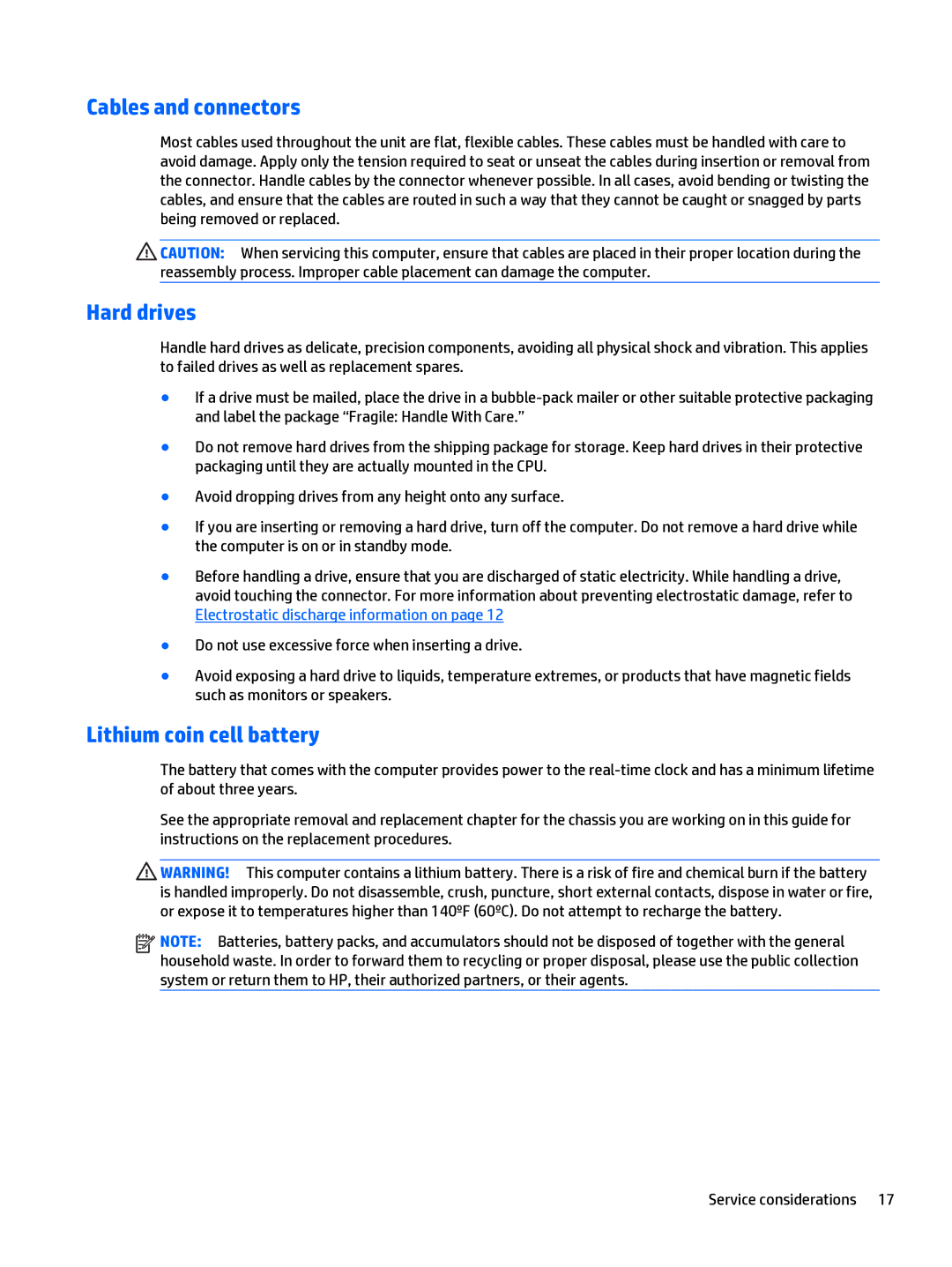 HP 205 G1 manual Cables and connectors, Hard drives, Lithium coin cell battery 