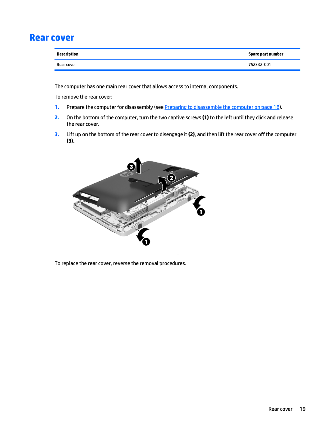 HP 205 G1 manual Description Spare part number Rear cover 752332-001 