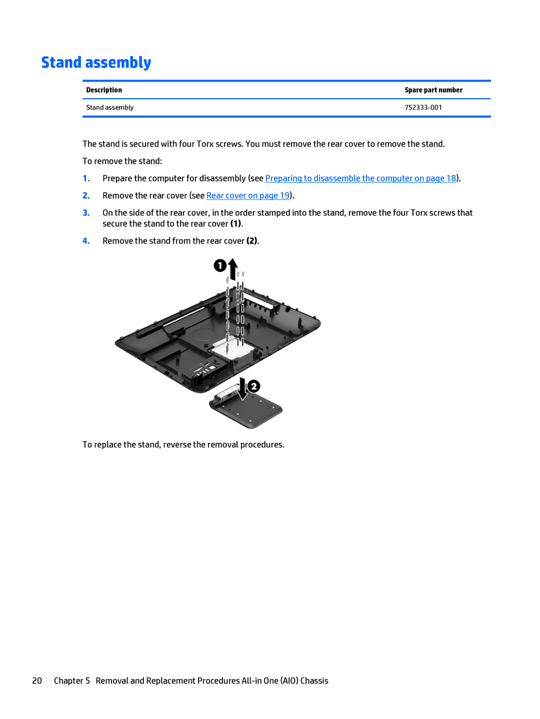 HP 205 G1 manual Description Spare part number Stand assembly 752333-001 