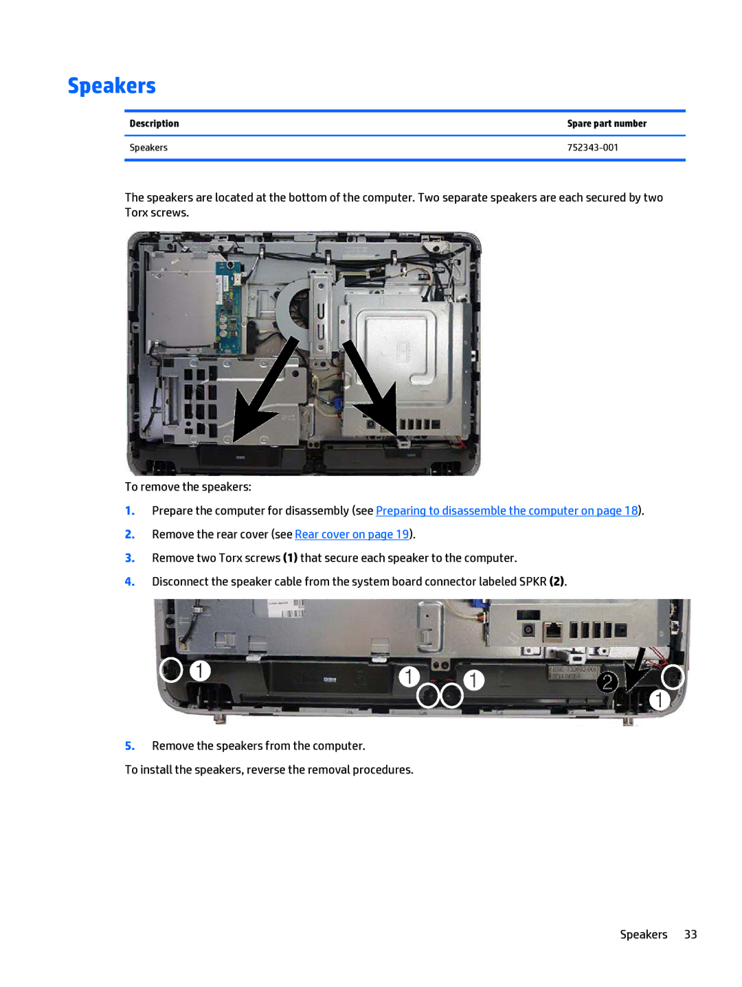 HP 205 G1 manual Description Spare part number Speakers 752343-001 