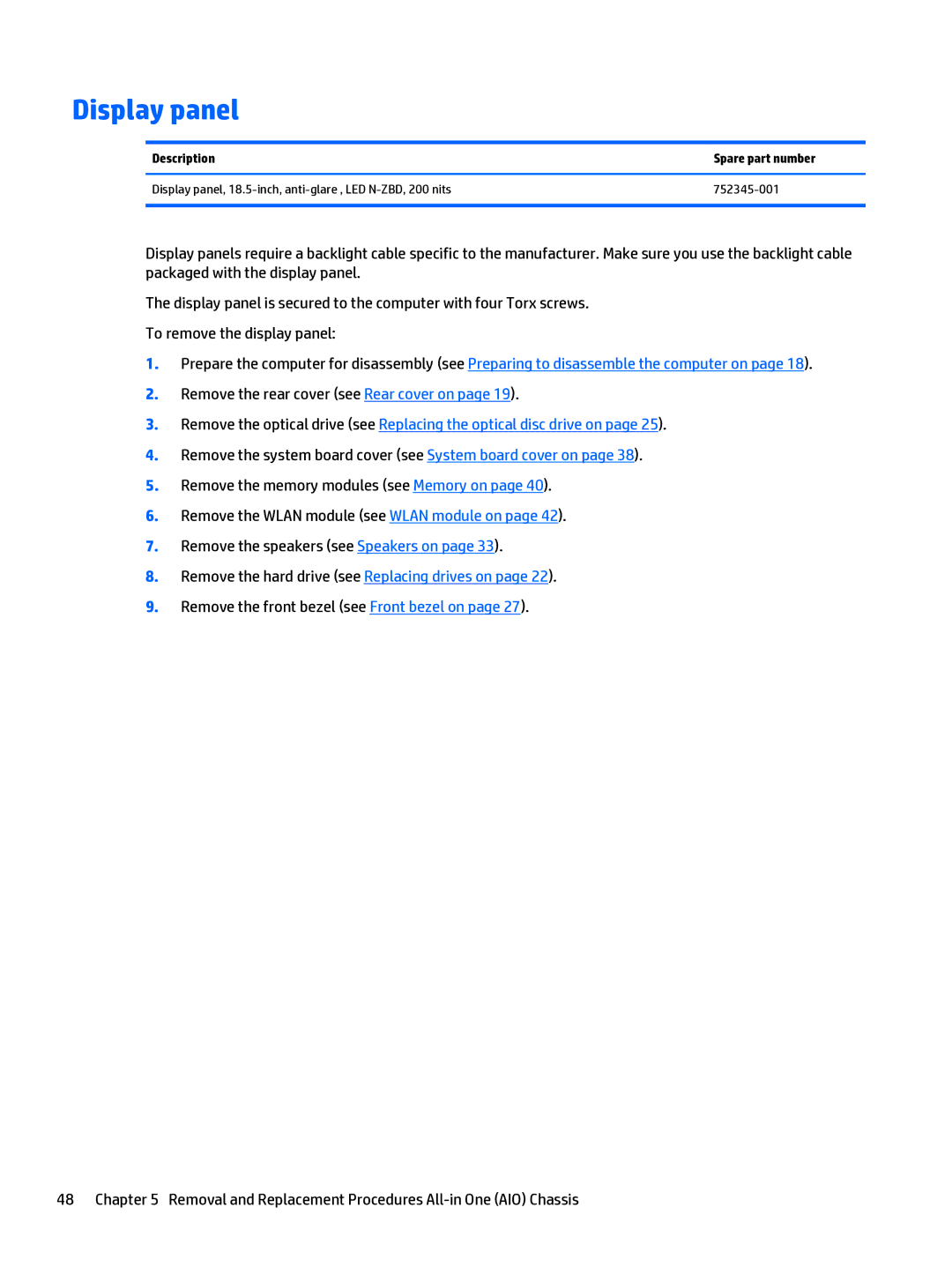 HP 205 G1 manual Display panel, Description Spare part number 