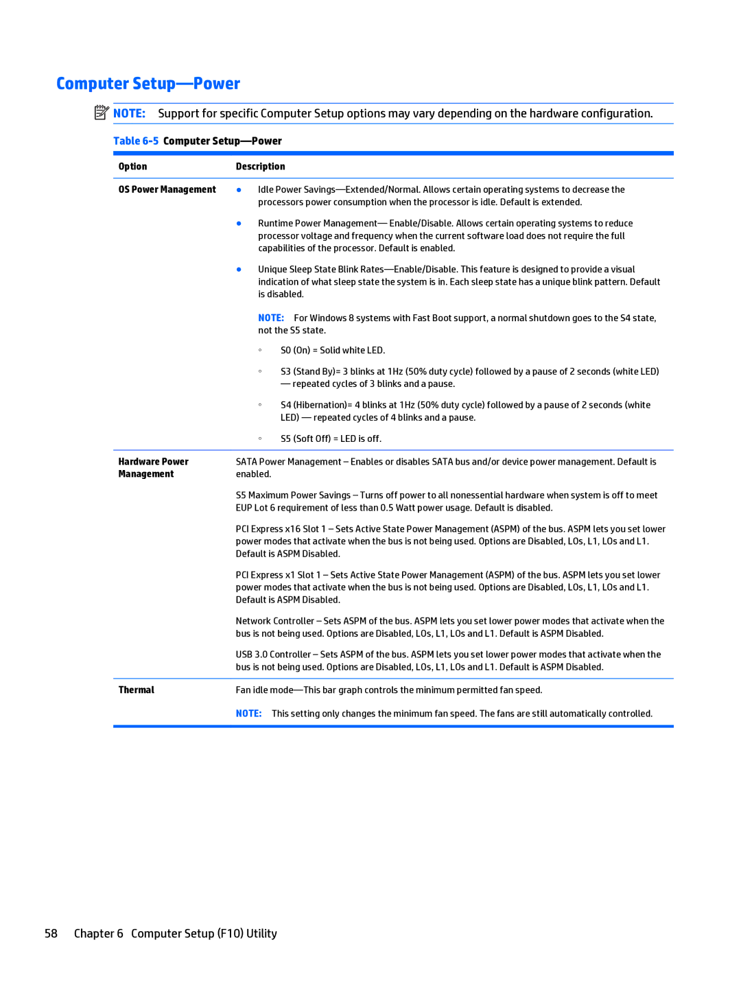 HP 205 G1 manual 5Computer Setup-Power 