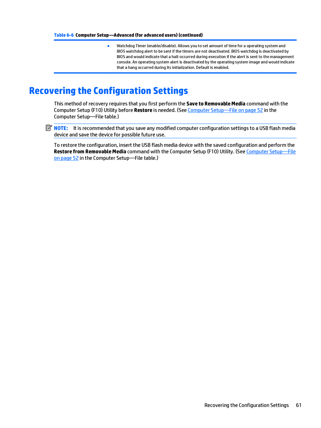 HP 205 G1 manual Recovering the Configuration Settings 