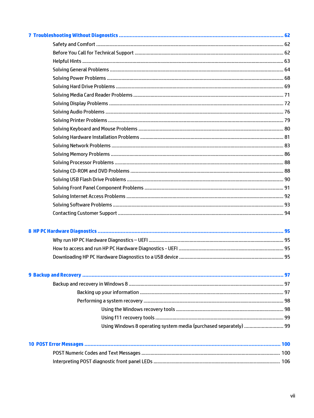 HP 205 G1 manual 100, 106, Vii 