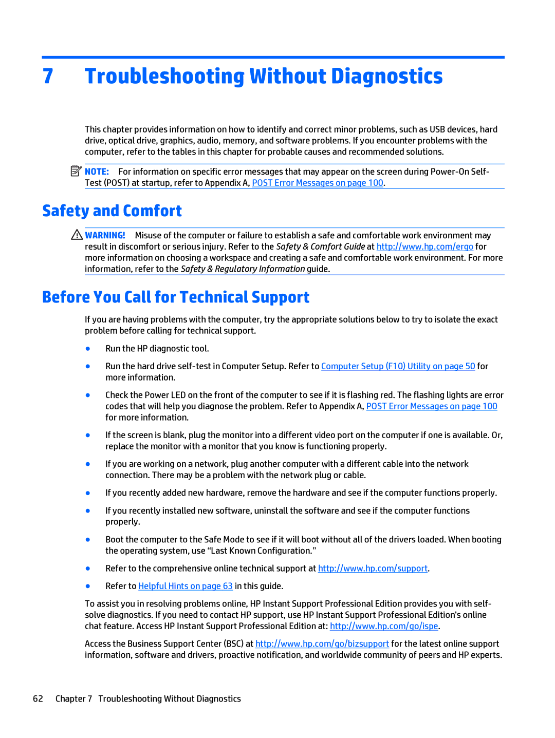 HP 205 G1 manual Troubleshooting Without Diagnostics, Safety and Comfort Before You Call for Technical Support 