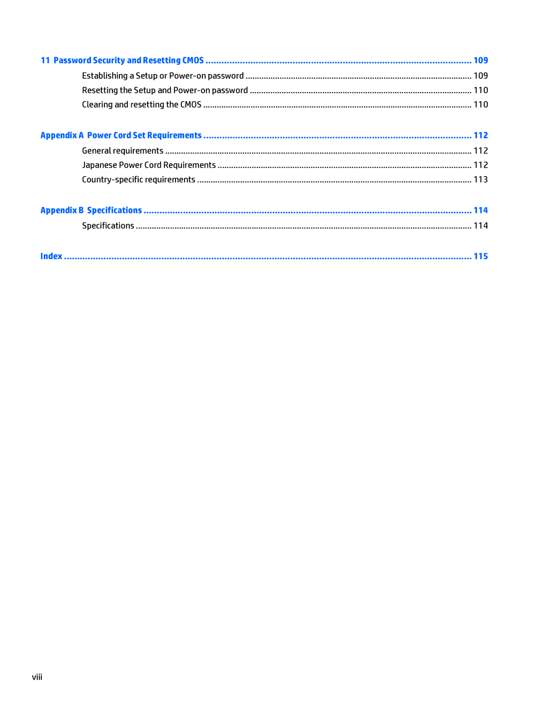 HP 205 G1 manual 109, 110, 112, 113, 114, Viii 