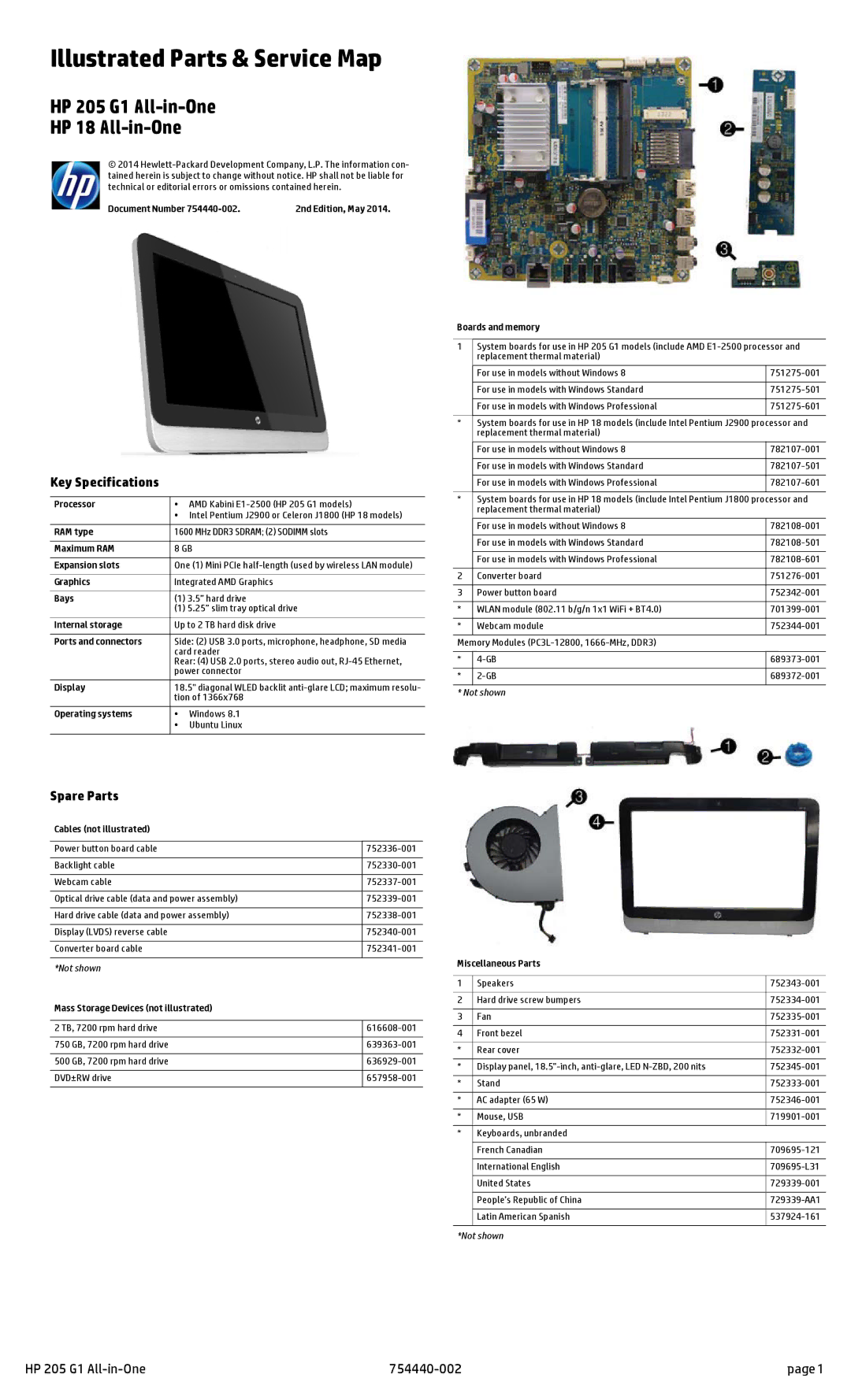 HP 205 G1 manual Key Specifications, Spare Parts 