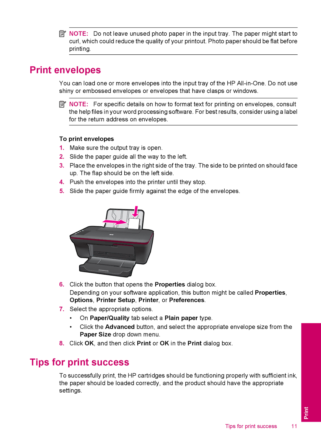 HP 2050 - J510a manual Print envelopes, Tips for print success, To print envelopes 