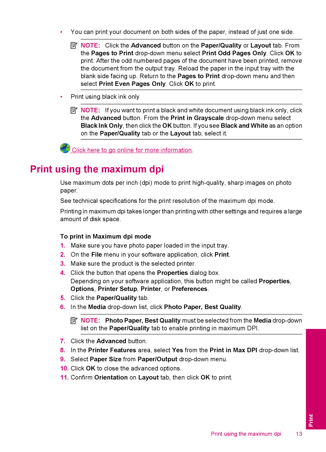 HP 2050 - J510a manual Print using the maximum dpi, To print in Maximum dpi mode 