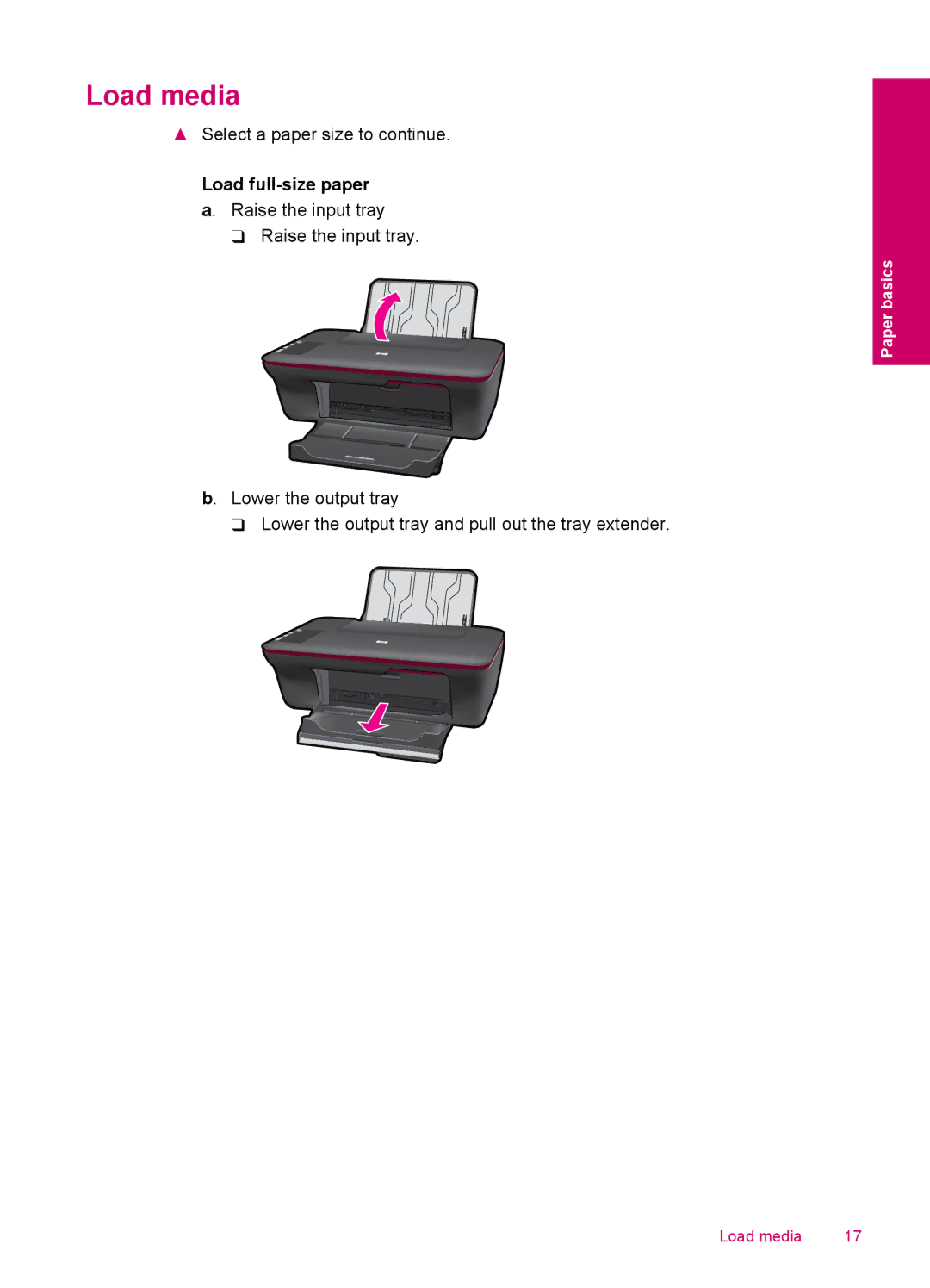 HP 2050 - J510a manual Load media, Load full-size paper a. Raise the input tray 