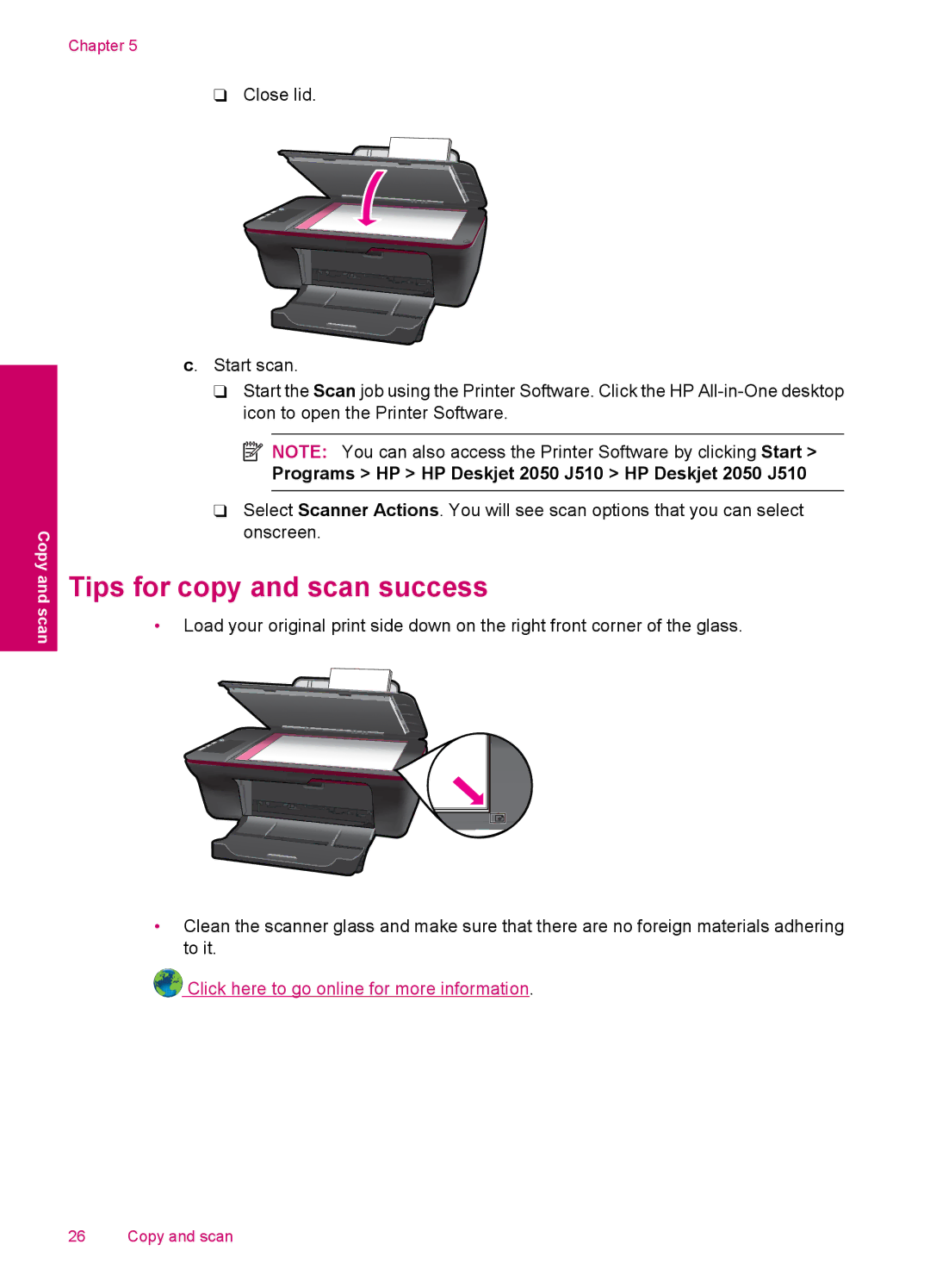 HP 2050 - J510a manual Tips for copy and scan success, Programs HP HP Deskjet 2050 J510 HP Deskjet 2050 J510 