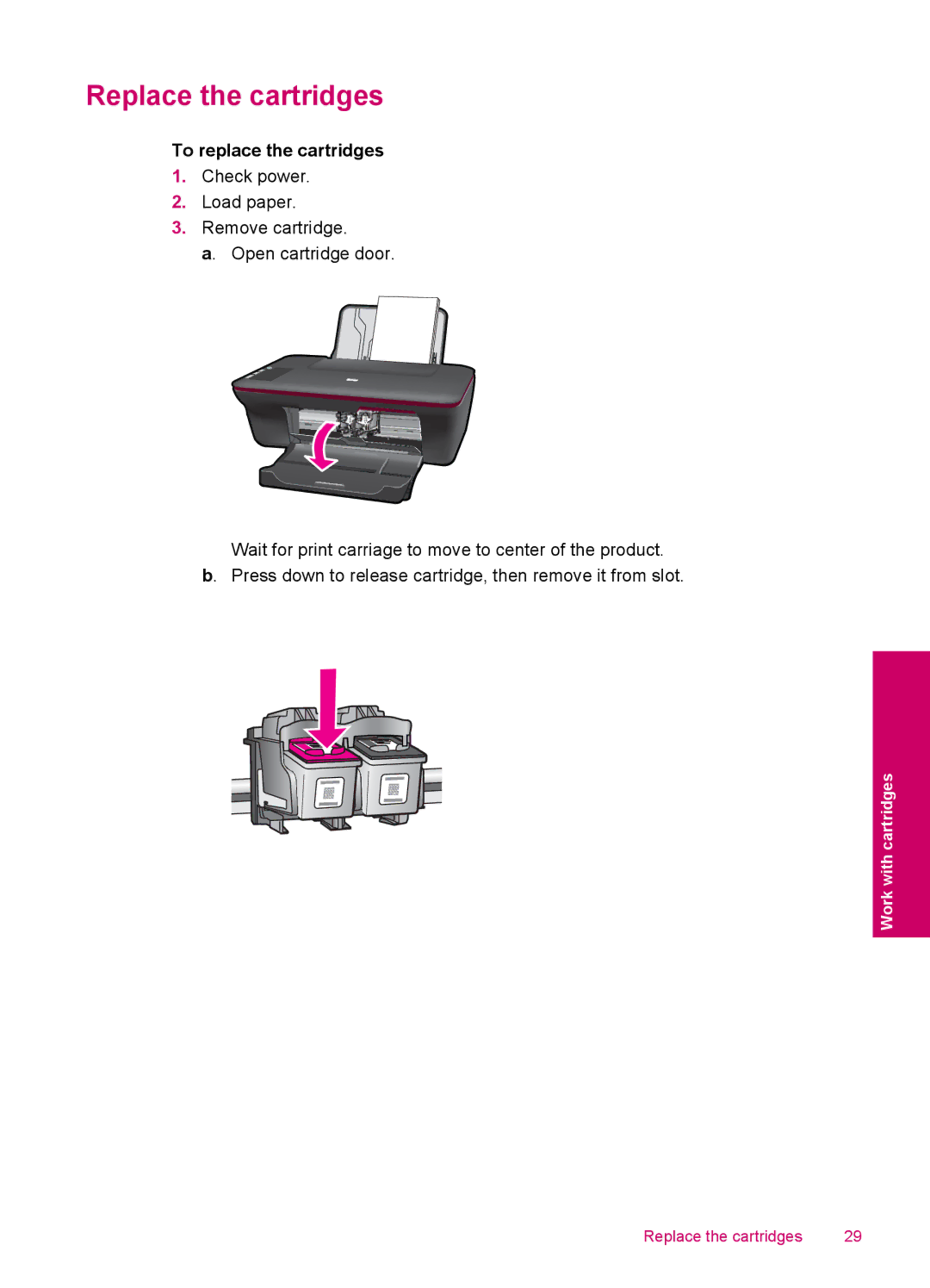 HP 2050 - J510a manual Replace the cartridges, To replace the cartridges 